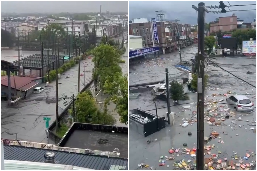 花蓮馬太鞍溪上游堰塞湖因強颱樺加沙帶來雨勢溢流，光復鄉遭泥漿洪水灌入。（民眾提供）