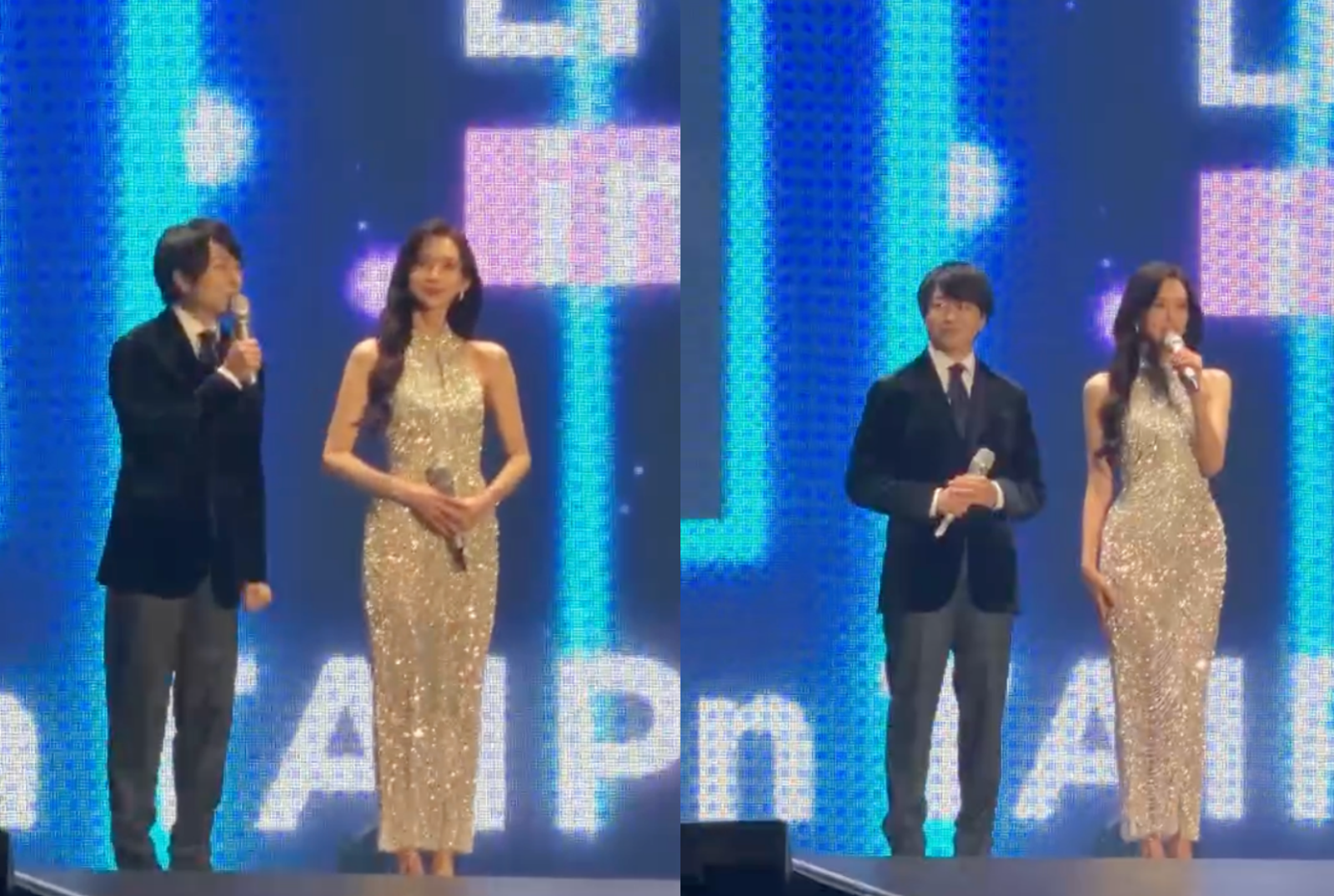 櫻井翔牽著身穿銀色晚禮服的林志玲登台,兩人攜手主持《MUSIC EXPO LIVE 2026 in TAIPEI》。(讀者提供)