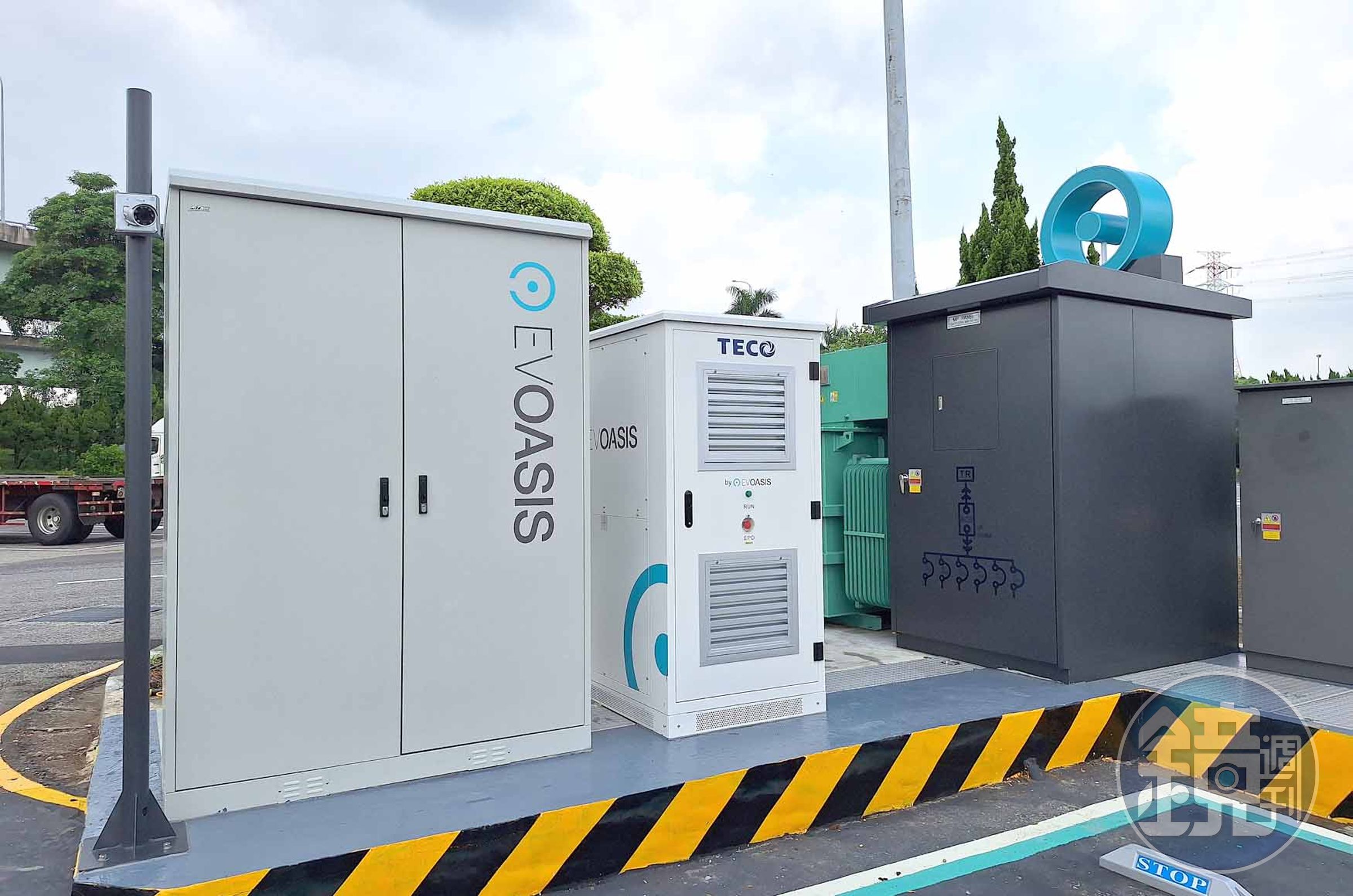 包含堤頂站的部分EVOASIS充電站還設置儲電設施，作為電力調節緩衝，避免尖峰時段遭台電限載。