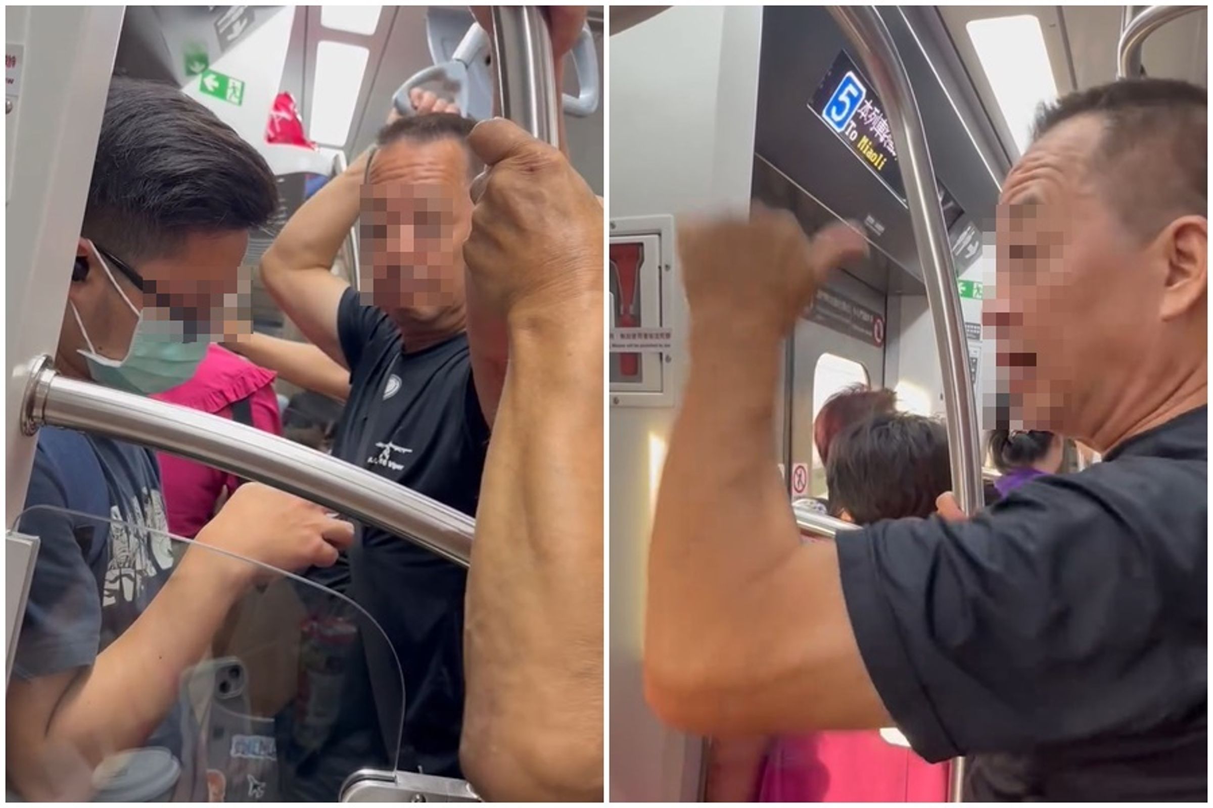 一名自稱特勤隊退伍的中年黑衣男,在台鐵車廂飆罵未讓出博愛座給老翁的女乘客。(翻攝自臉書社團「爆料公社二社」)