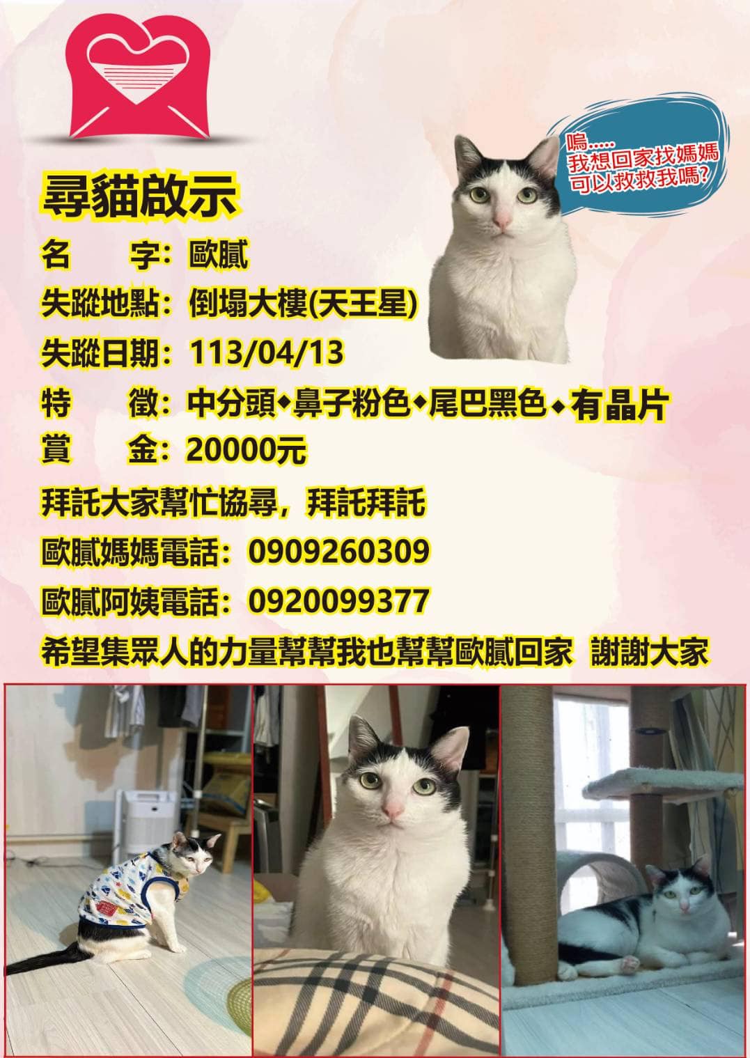 歐膩的媽媽在臉書社團PO文,希望大家可以幫忙找出歐膩。(翻攝自「花蓮人Hualien」臉書)