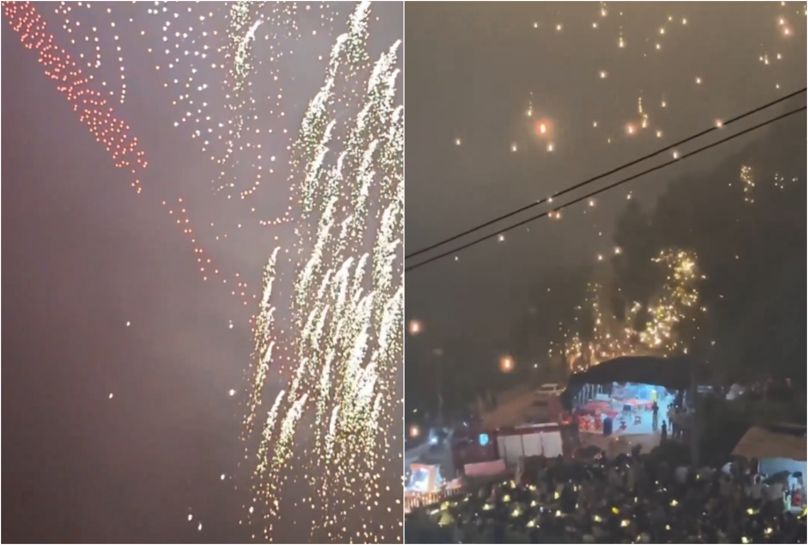 中國湖南的無人機煙火秀變調，無人機起火墜落地面，場面相當驚險。（翻攝自X）