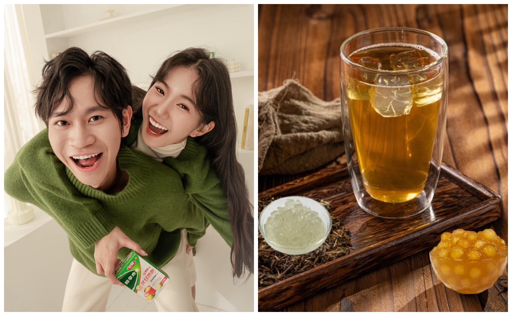 Andy和家寧分手後鬧出股權糾紛，拾汣茶屋順勢推出「珍淑薈砌青茶」（右圖），再掀話題。（翻攝眾量級 CROWD臉書、19teahouse_l.t Threads）