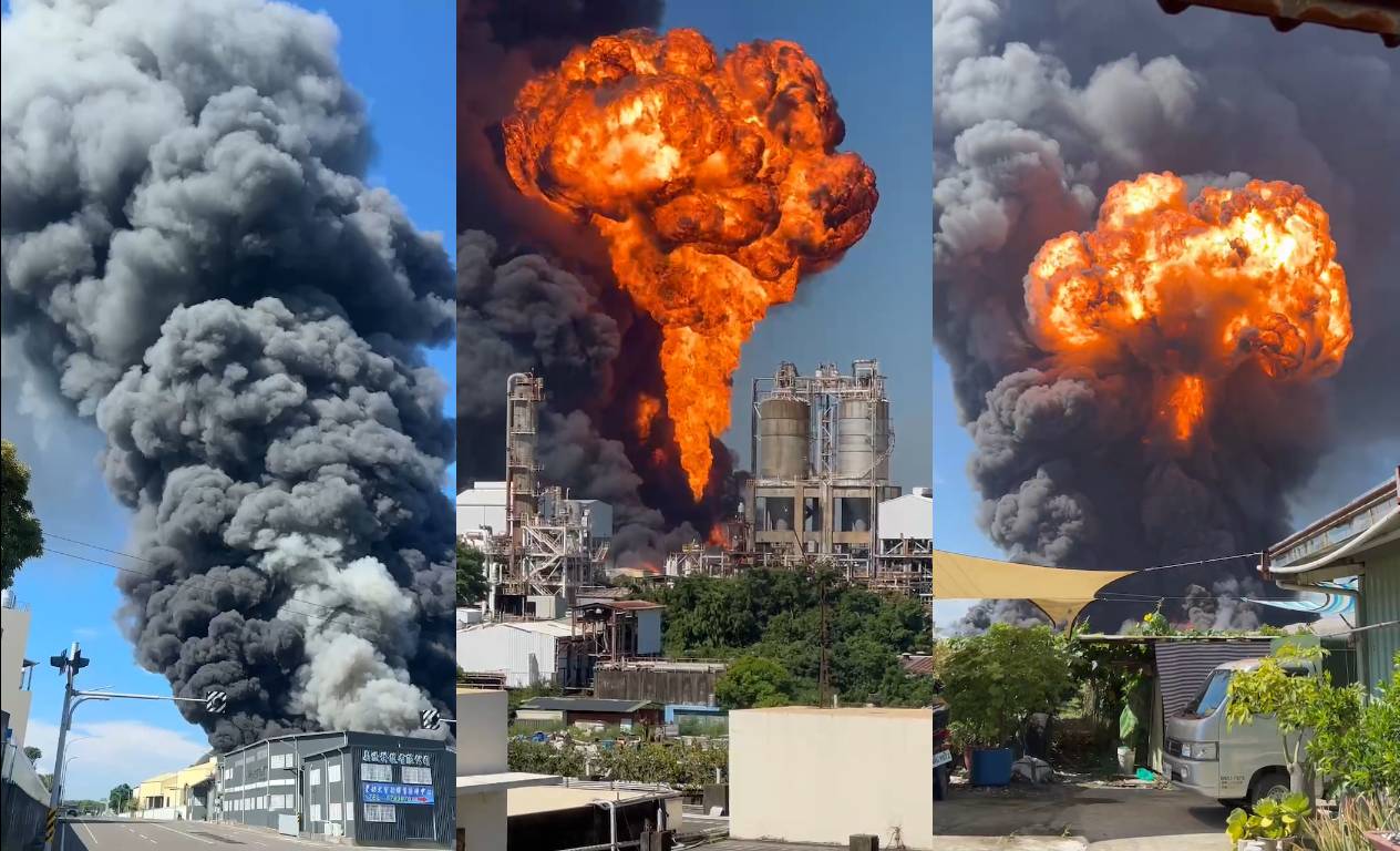 台南工廠爆炸，出現驚人「蕈狀雲」火球。（翻攝畫面）