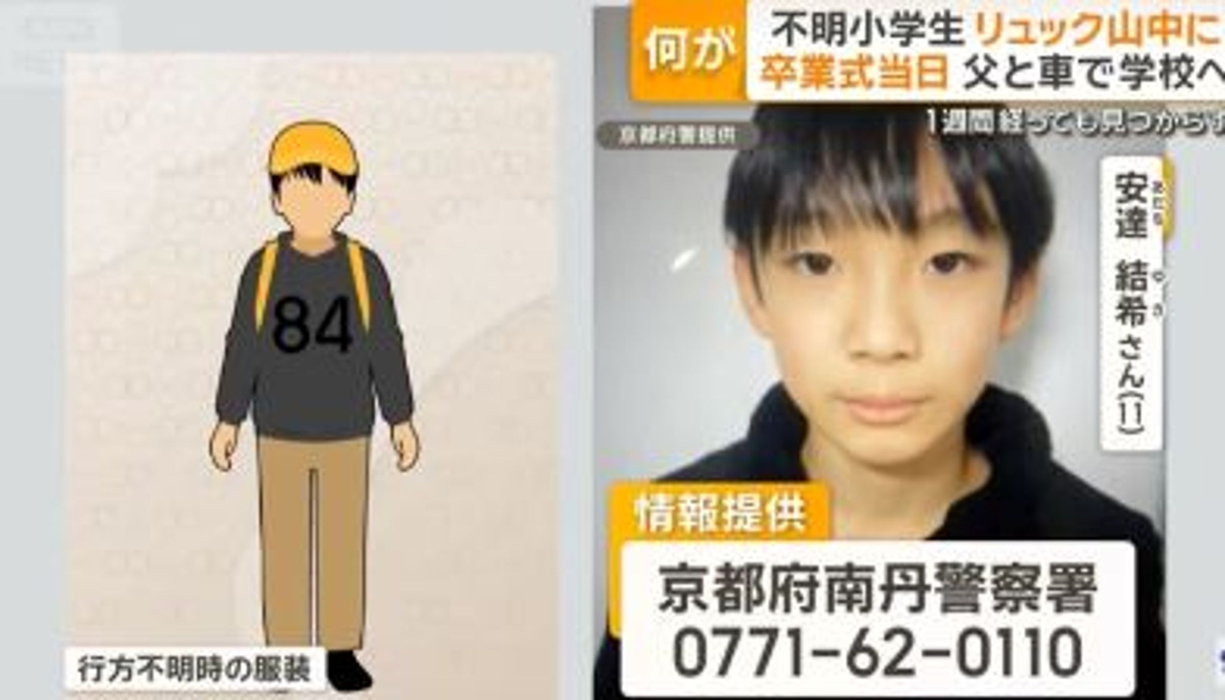 11歲男童安達結希在上學途中失蹤至今已屆滿2週。(翻攝畫面)