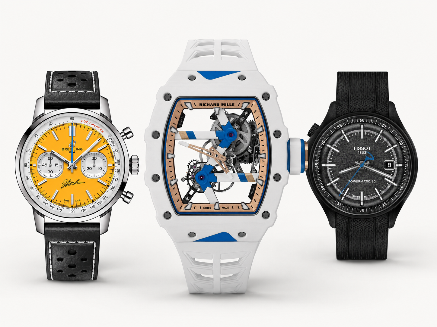 隨著 2026 年「環法自行車賽」目前正熱烈舉行,RICHARD MILLE(中)、百年靈(左)與天梭(右)這三個定位與價位截然不同的品牌,也分別推出相關新作,各自詮釋手腕上的破風美學。