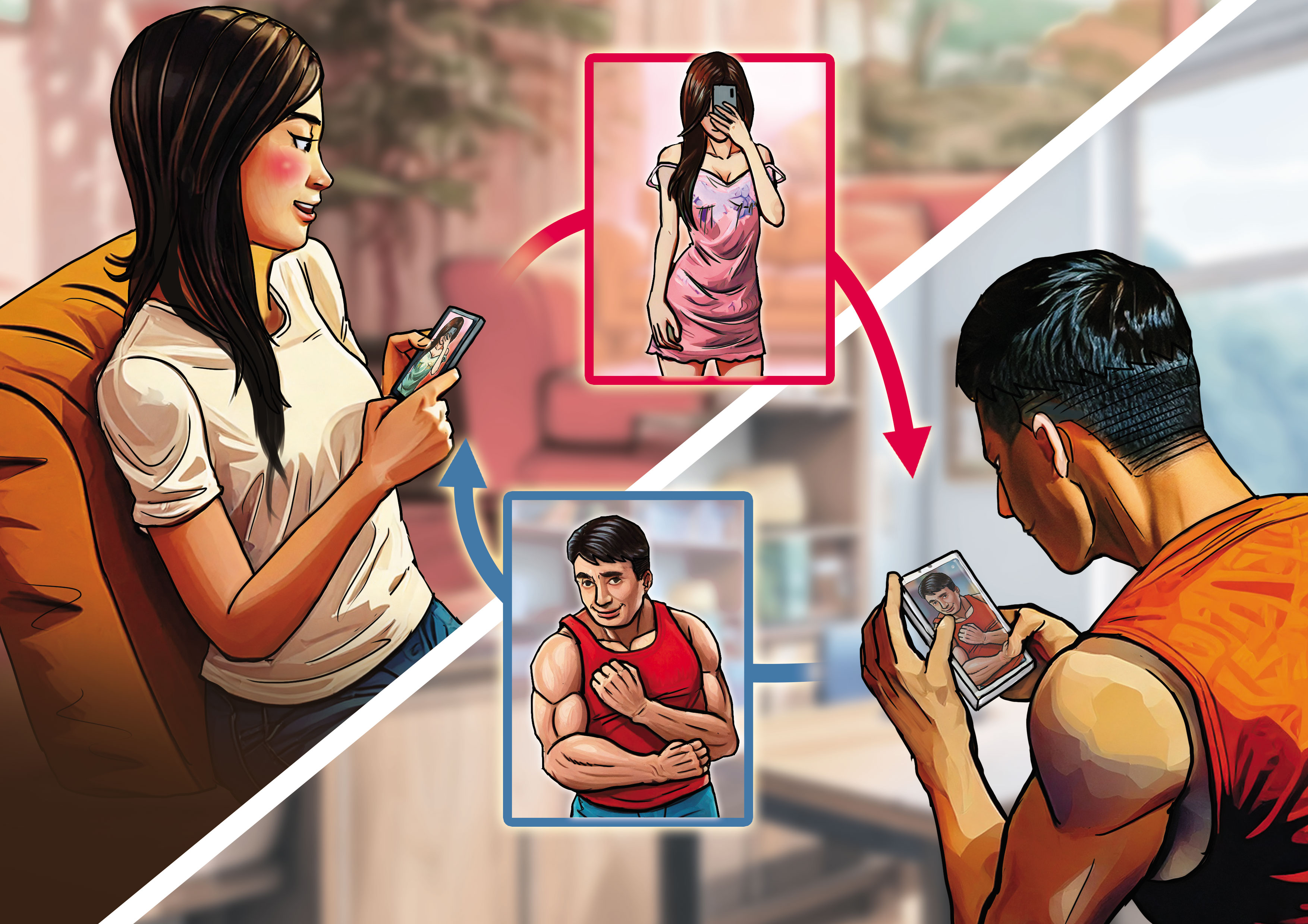 曾耀賢在健身房自拍肌肉照片給顏女看，顏女回應「哇塞」。（AI繪圖Adobe Firefly生成，本刊美術組後製）