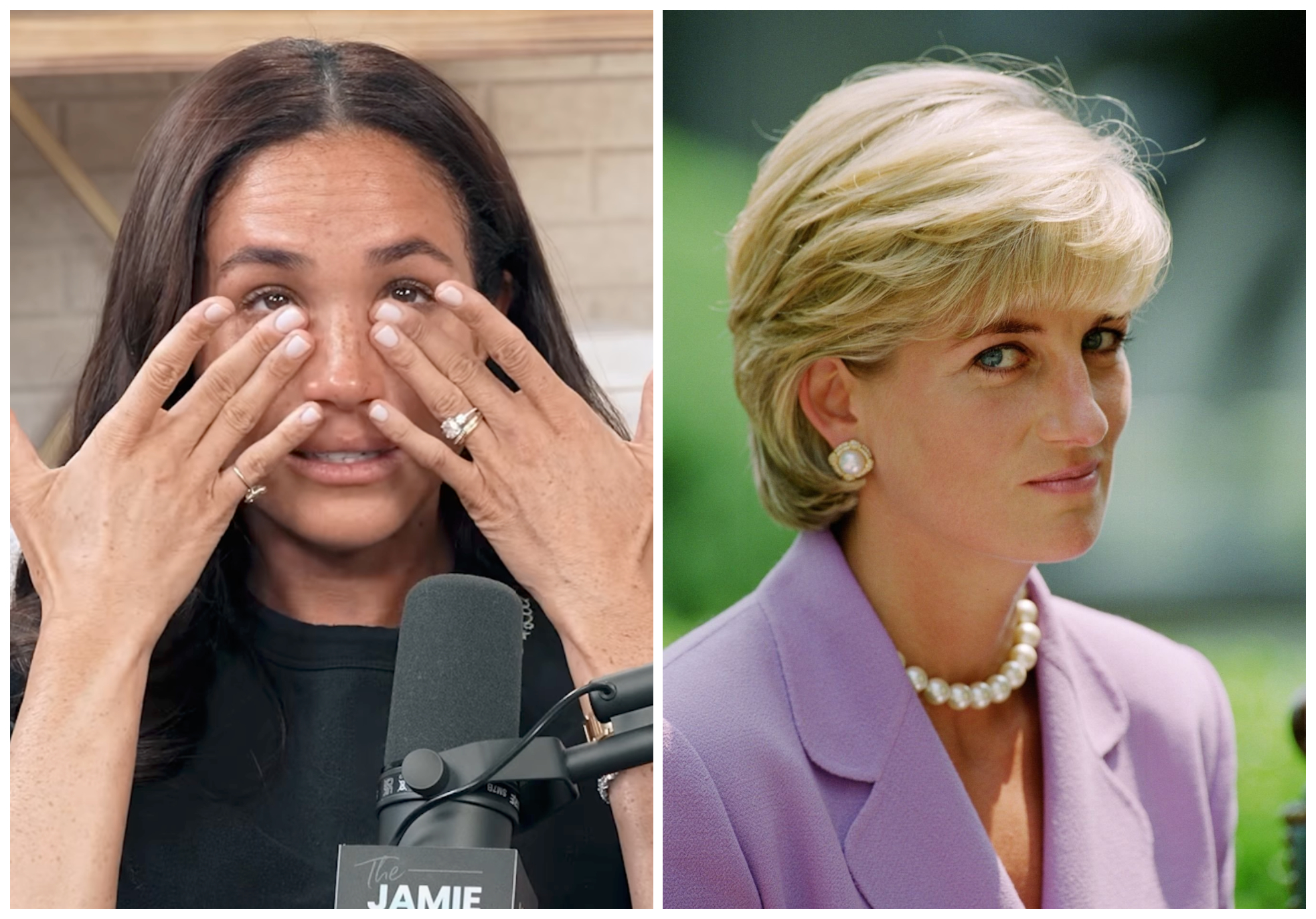 梅根在Podcast節目上講到兒女落淚，並表示很想親自見已故婆婆黛安娜王妃（右圖）一面。（翻攝jamiekernlima IG、X@lovewalesfamily）