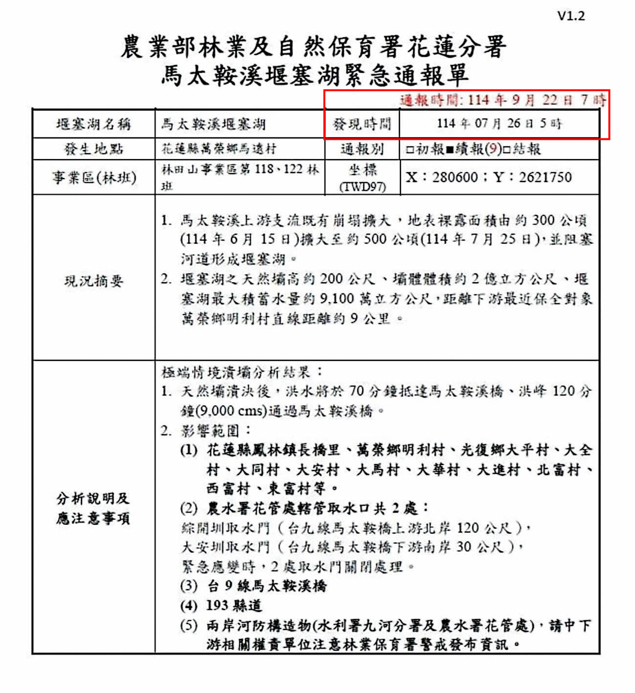 中央早在災變前即發文示警，內政部與農業部9度以紅色警戒要求花蓮縣府「務必強制撤離」，但部分公文在縣府內部未完成層級流轉即結案。（翻攝畫面）
