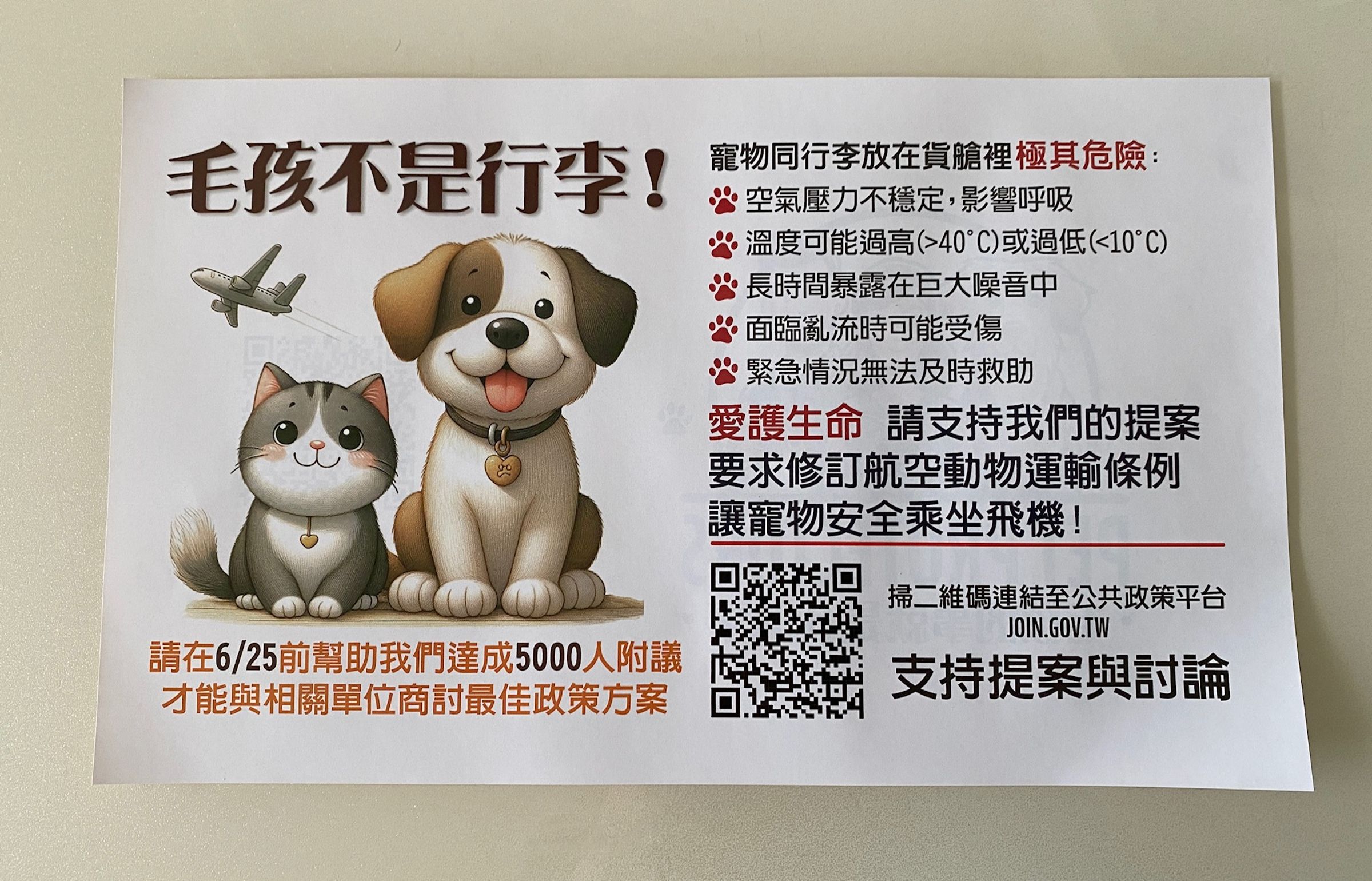 寵物搭飛機目前必須依照規定放置於貨艙內，有民眾推動連署，希望修改相關規定。（民眾提供）