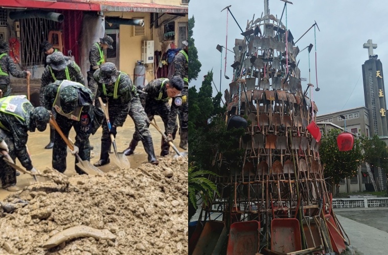 花蓮光復部落族人用鏟子、鋤刀等救災工具打造耶誕樹，感謝協助災後重建的「鏟子超人」志工，畫面溫暖感人。（翻攝自臉書/國防部發言人、花蓮同鄉會）