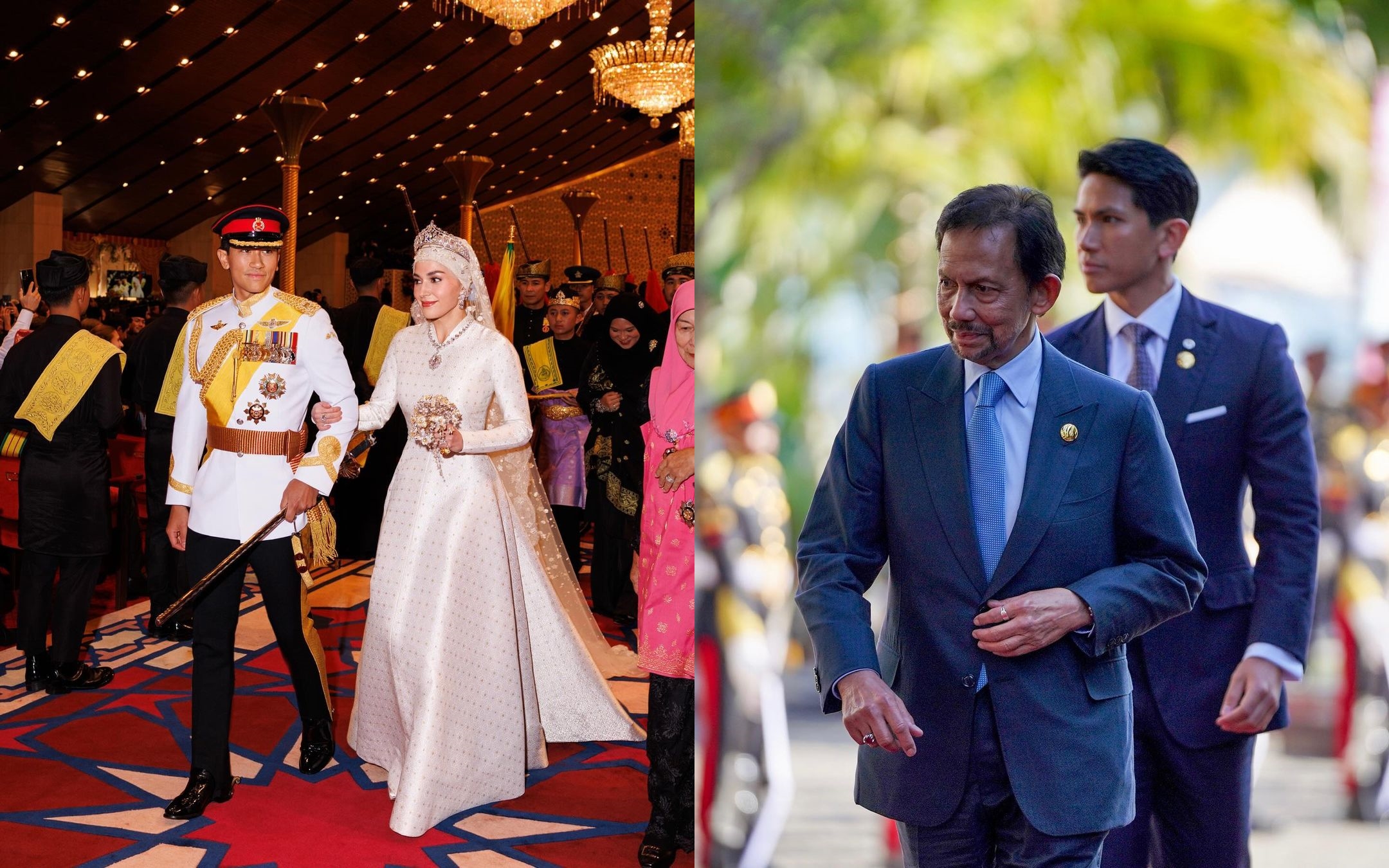 汶萊蘇丹（右圖）排行全球最有錢的王室第二，寵愛的兒子阿布杜馬丁（左圖左）近日終結黃金單身漢生活。（翻攝IG@tmski）