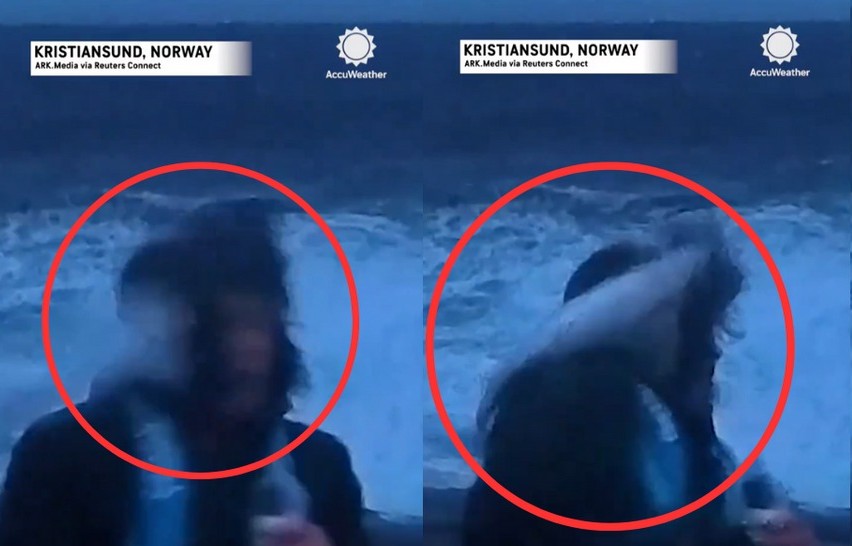 記者到海邊報氣象，跟最強風暴對決！慘遭飛魚「狠狠巴頭」險落海。（翻自dailycaller.com）