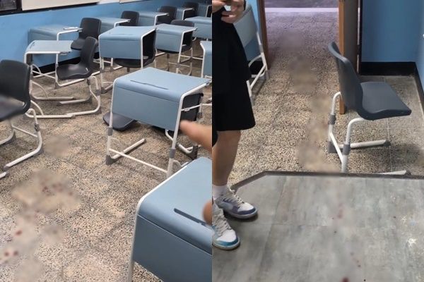 教室內桌椅倒地、血跡斑斑，目擊者拍下畫面上傳社群平台，引爆討論。（翻攝自Threads）