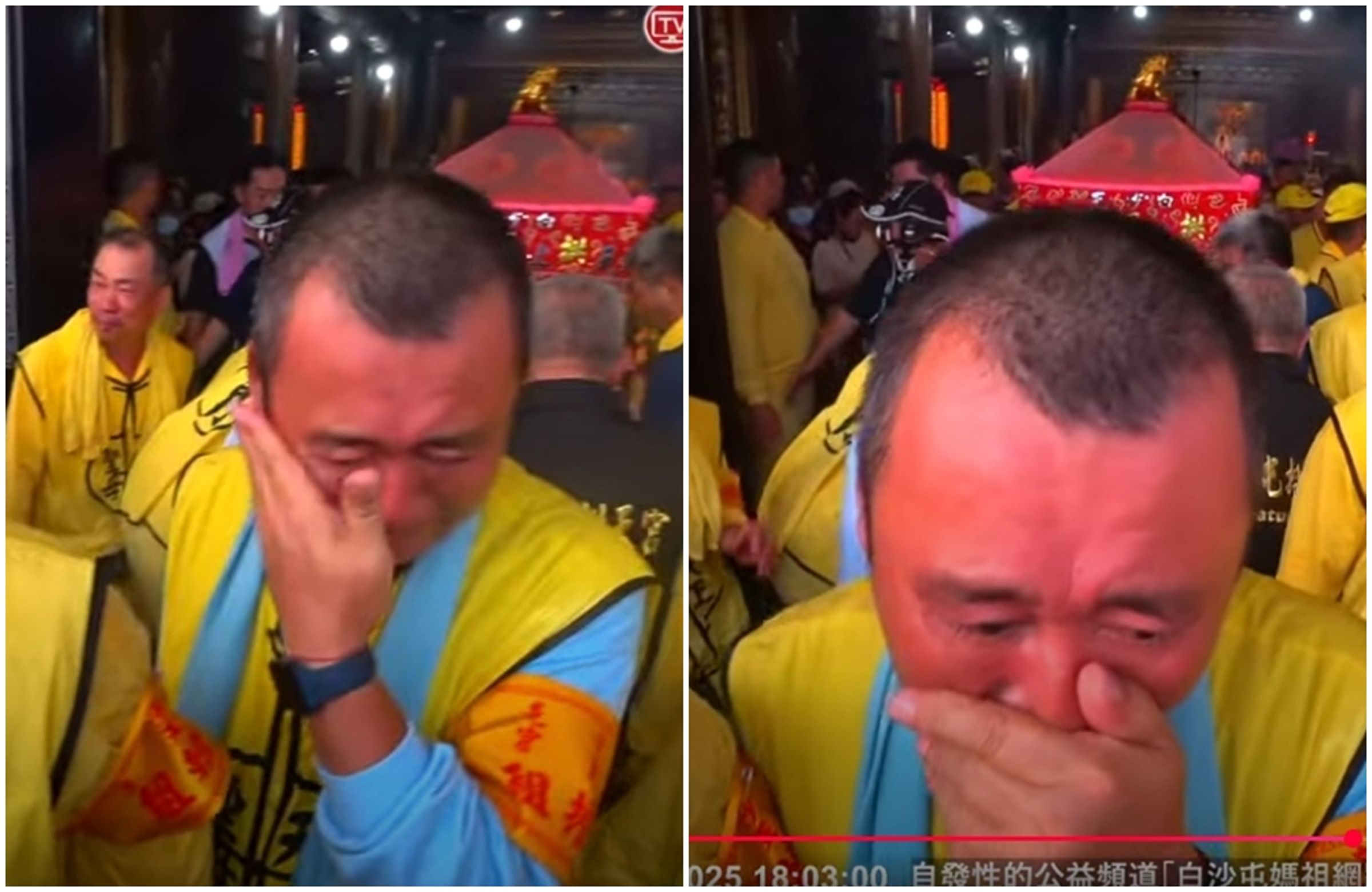 白沙屯媽祖香擔大哥情緒激動落淚,讓看到直播畫面的網友超心疼。(翻攝白沙屯媽祖網路電視台Youtube)