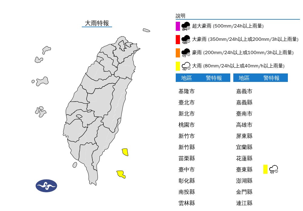 氣象署對台東縣發布大雨特報，綠島及蘭嶼有局部大雨發生的機率。（氣象署提供）