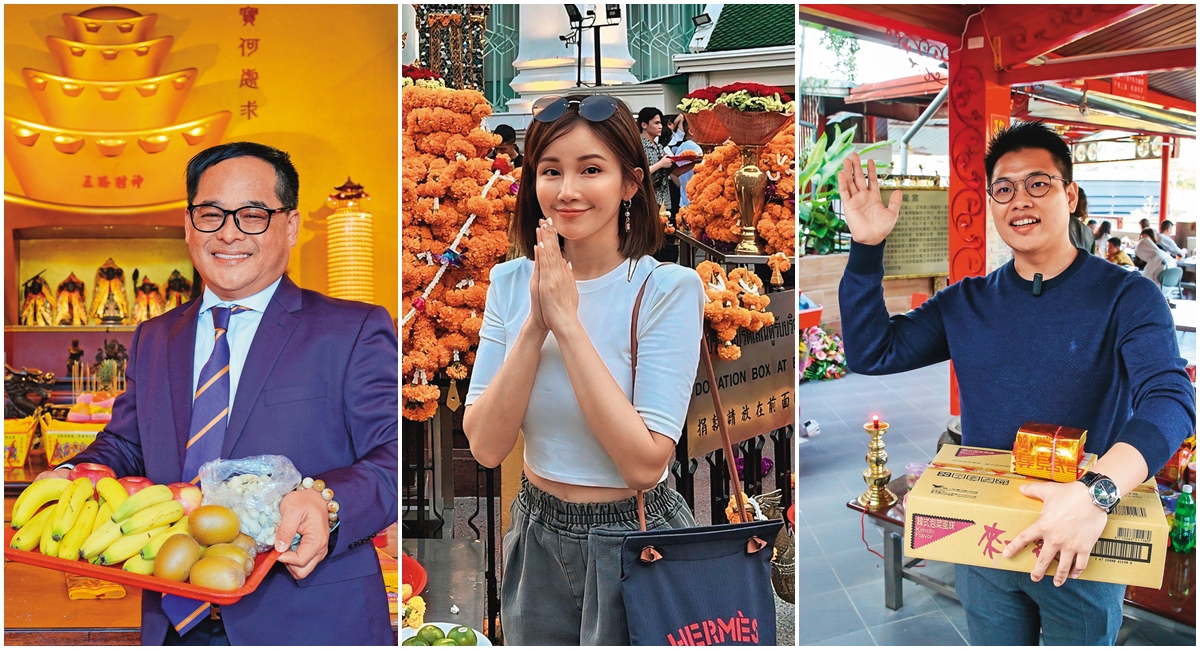 大家房屋店長林明賜（左）勤走金山財神廟，面對近期央行打炒房，他穩定腳步，找出深耕客群。鍾欣怡（中）轉戰電商後收入連年破千萬，她說，四面佛是她的守護神。社區大學講師王宏智（右）信奉南投石龍宮土地公，度過投資低潮狠賺6千萬元。