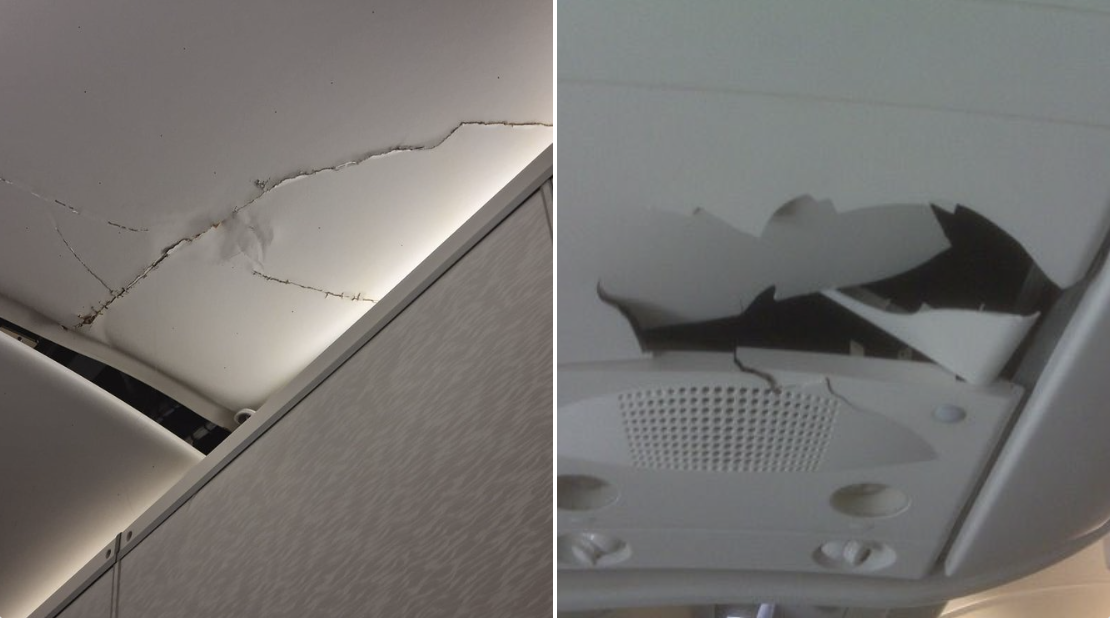 阿聯酋航空一架航空4日從澳洲飛往杜拜的航班遇上亂流，有乘客甚至被拋飛，天花板遭撞出裂痕。（翻攝自X@aviationbrk）