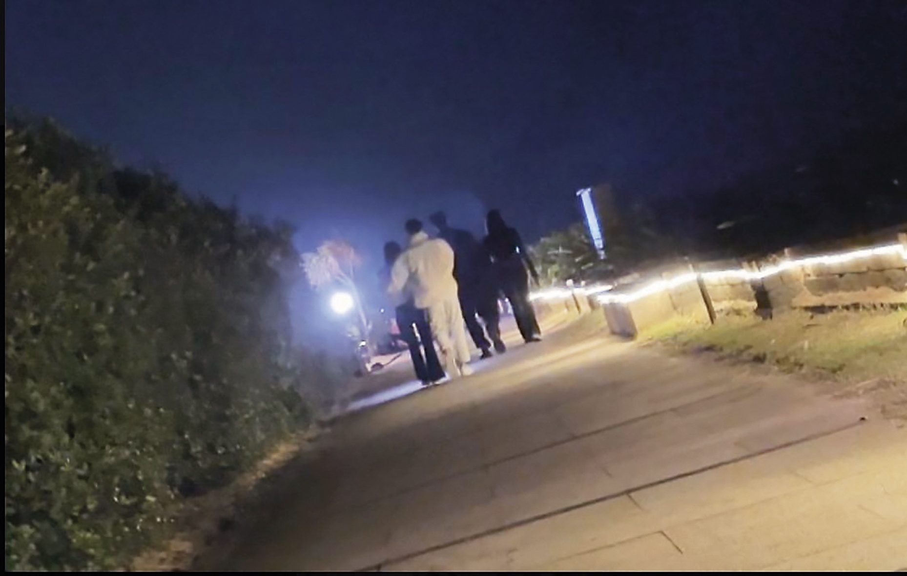 Andy（左二）走著走著，忍不住情意，摟住女友李郁涵（左一）的腰。（讀者提供）