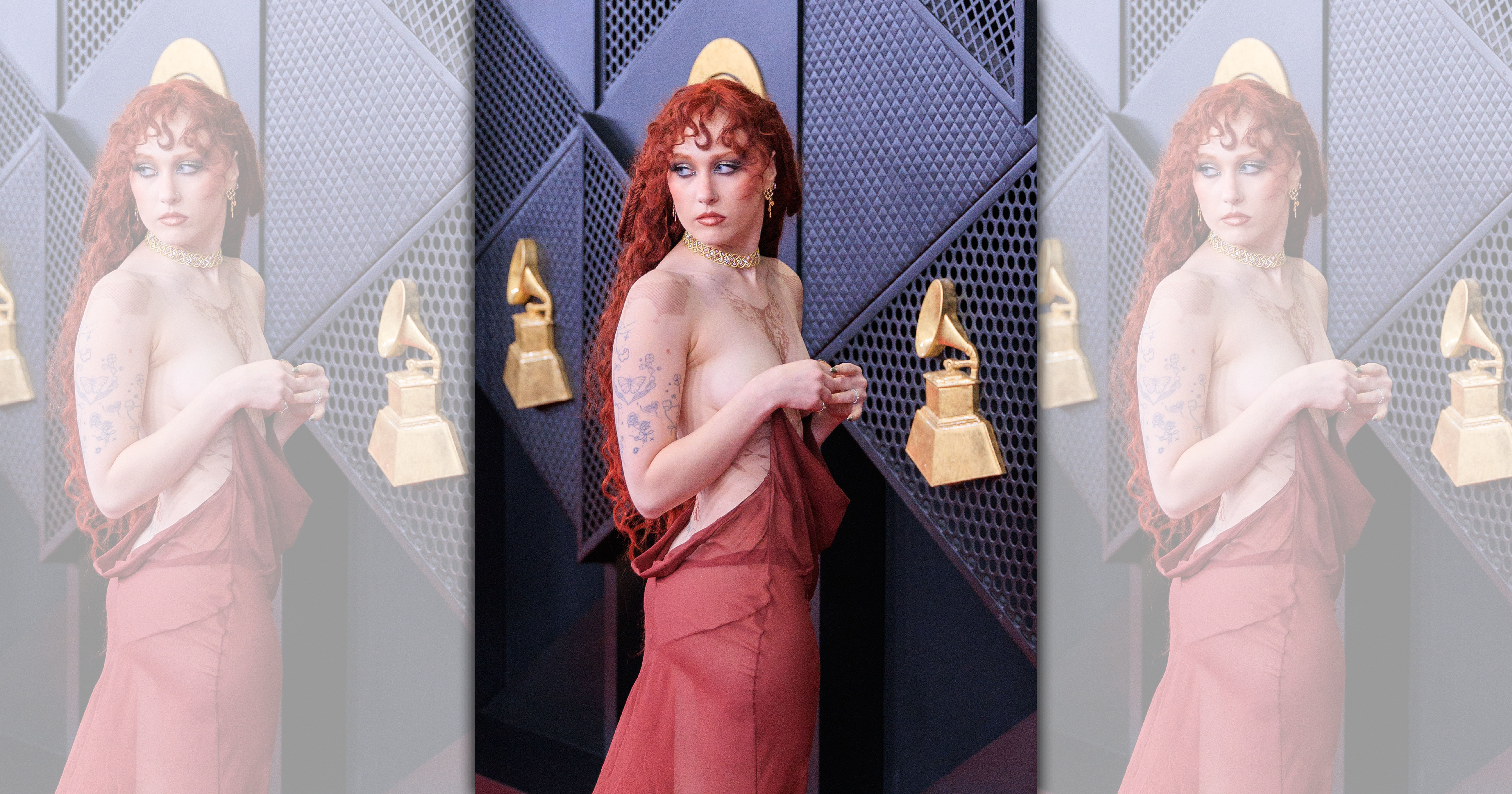 去年的葛萊美最佳新人查普爾羅恩，這席深紅薄紗雪紡禮服，其實是固定在乳頭上，但那個不是她真的乳頭。嚴格說來整個上半身都是做成透明胸衣，衣服才能固定在乳頭上，乍看之下以為她上空。不用吵了，紅毯第一敢。（東方IC）