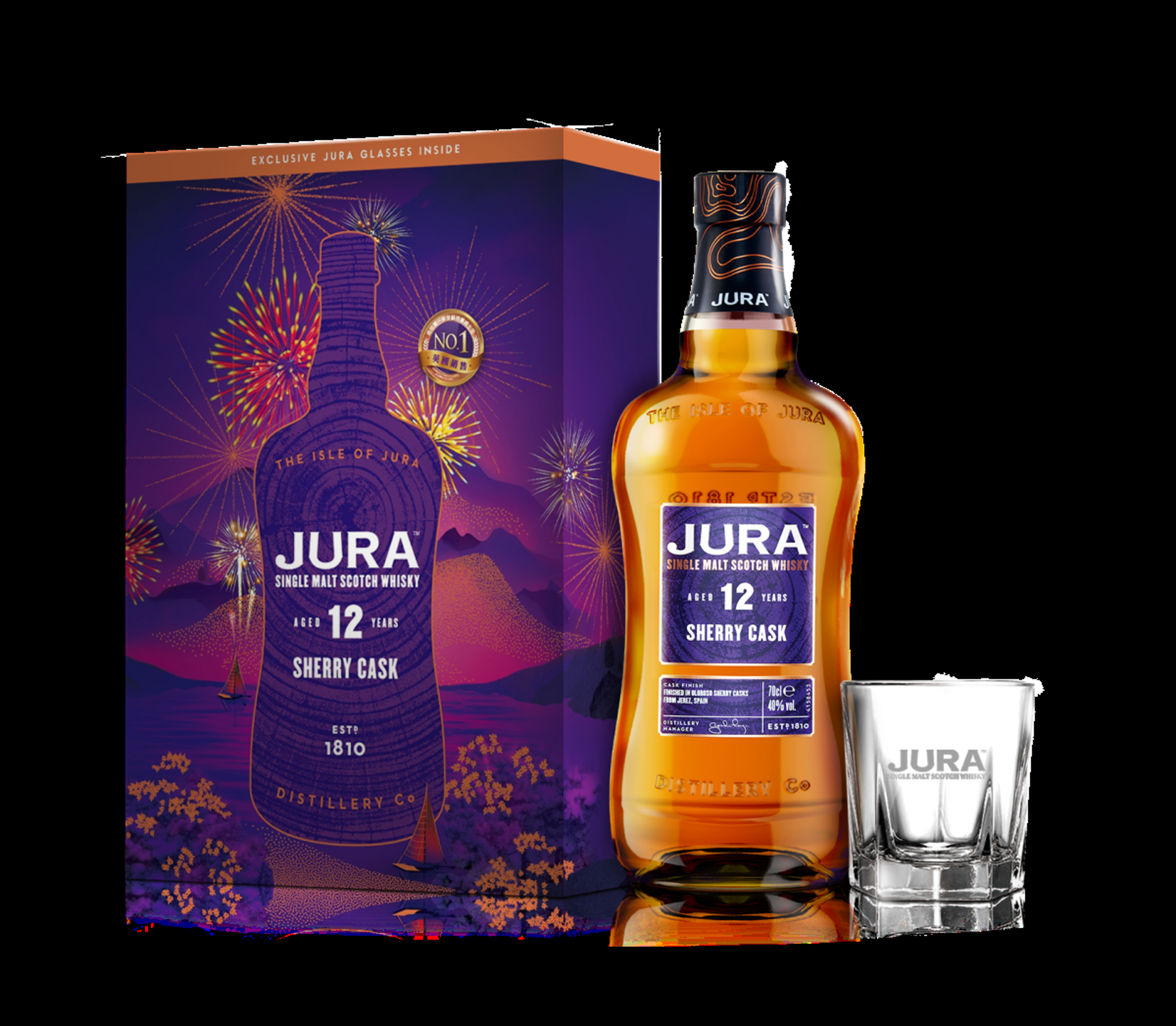 JURA 吉拉12年 類別：單一麥芽威士忌 產區：島嶼區 特色：先於美國波本橡木桶中熟成，而後轉往來自雪莉酒原鄉西班牙赫雷斯(Jerez)地區頂級Oloroso雪莉桶中窖藏。風味上由太妃糖勾勒出濃厚溫暖的熱帶水果氣息，融匯著浸泡過雪莉酒的葡萄乾、無花果、太妃糖、芒果、烤香蕉及苦橙皮滋味，造就不斷接續而來以桂皮、香檸檬、咖啡和甘草凝鍊而成的層次變化。 酒精：40% 建議售價：約NT$1,350