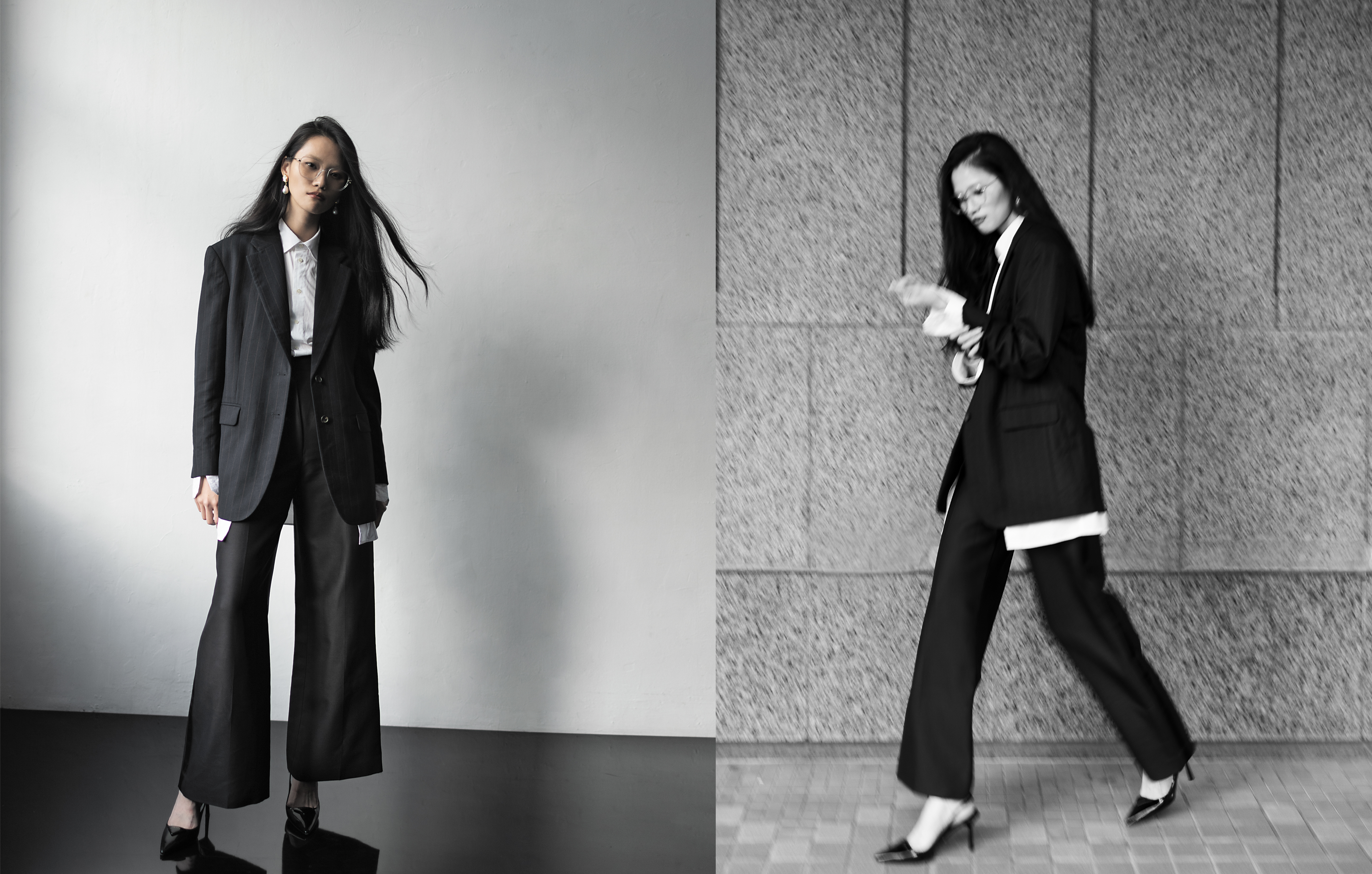 單排扣細條紋外套 NT$130,000 by Miu Miu／白色襯衫 NT$51,000 by Dior／寬版西裝褲 NT$64,000 by Chloé／漆皮露跟高跟鞋 NT$41,500 PRADA／光學眼鏡 價格店洽 by Chloé Sybil／珍珠耳環 NT$23,100 by Chloé