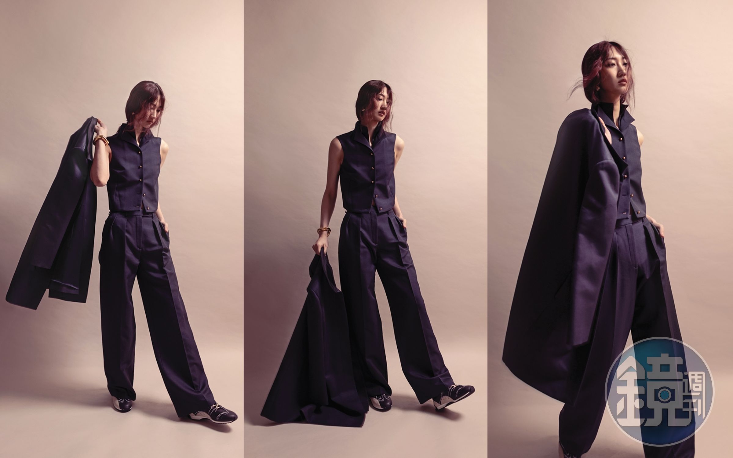 Danny車用大衣 價格店洽 by Loro Piana／Dianne背心 價格店洽 by Loro Piana／Devin長褲 價格店洽 by Loro Piana／D-Sketch黑色科技布料拼接小牛皮運動鞋 NT$35,000 by DIOR／金色竹節手環  價格店洽 by GUCCI