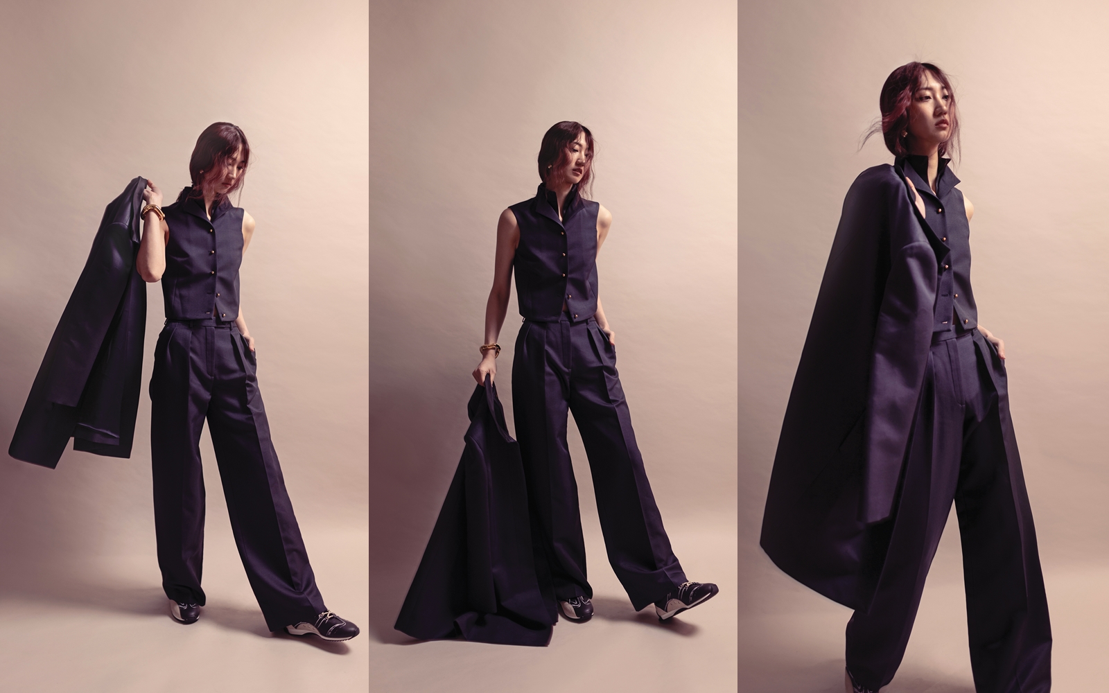 Danny車用大衣 價格店洽 by Loro Piana／Dianne背心 價格店洽 by Loro Piana／Devin長褲 價格店洽 by Loro Piana／D-Sketch黑色科技布料拼接小牛皮運動鞋 NT$35,000 by DIOR／金色竹節手環  價格店洽 by GUCCI