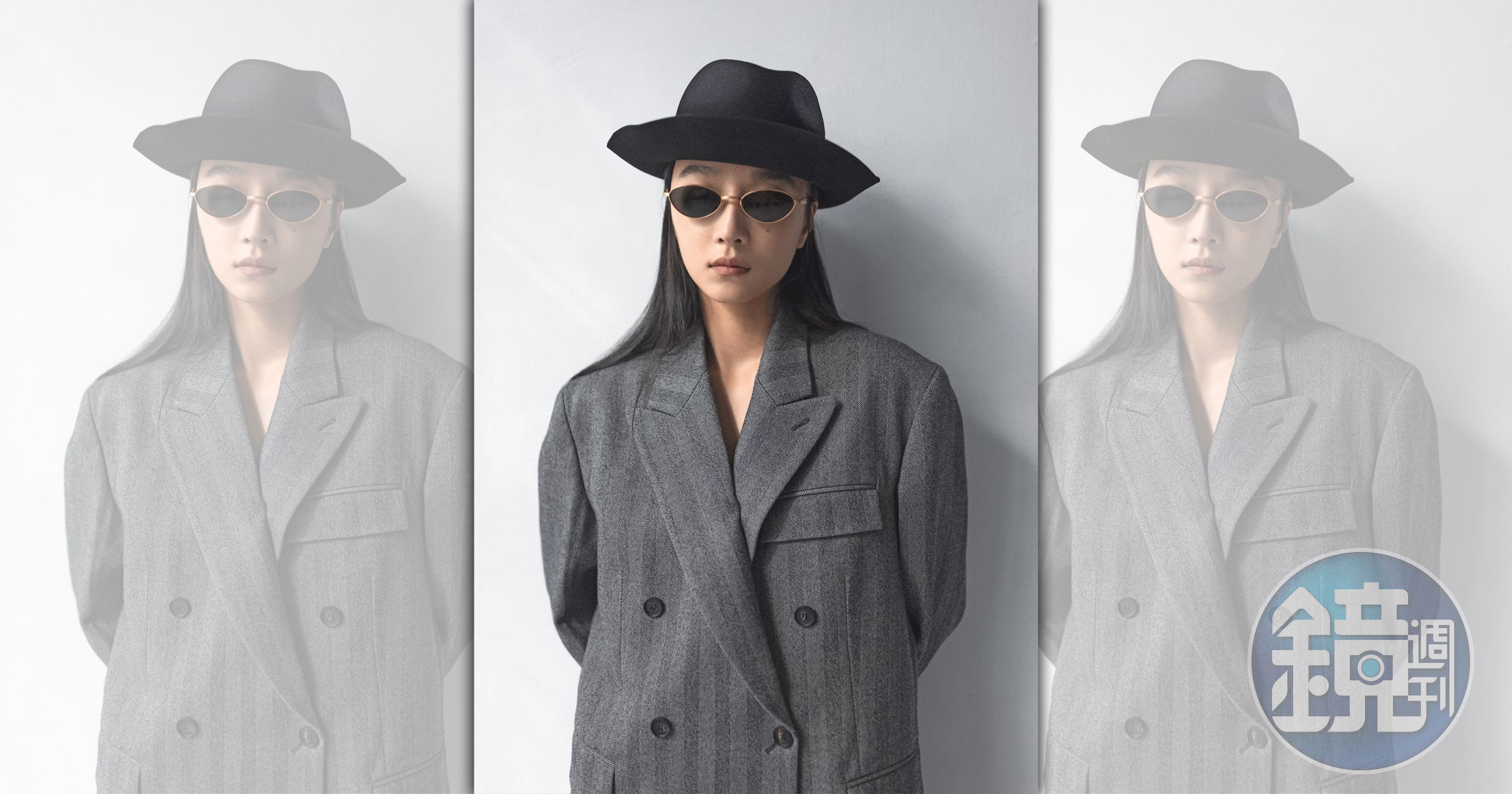 灰色西裝外套 NT$135,000 by  Ferragamo；黑色Pier帽子 價格店洽  by Lora Piana；金框墨鏡 價格店洽  by Gentle Monster x Masion Margiela。