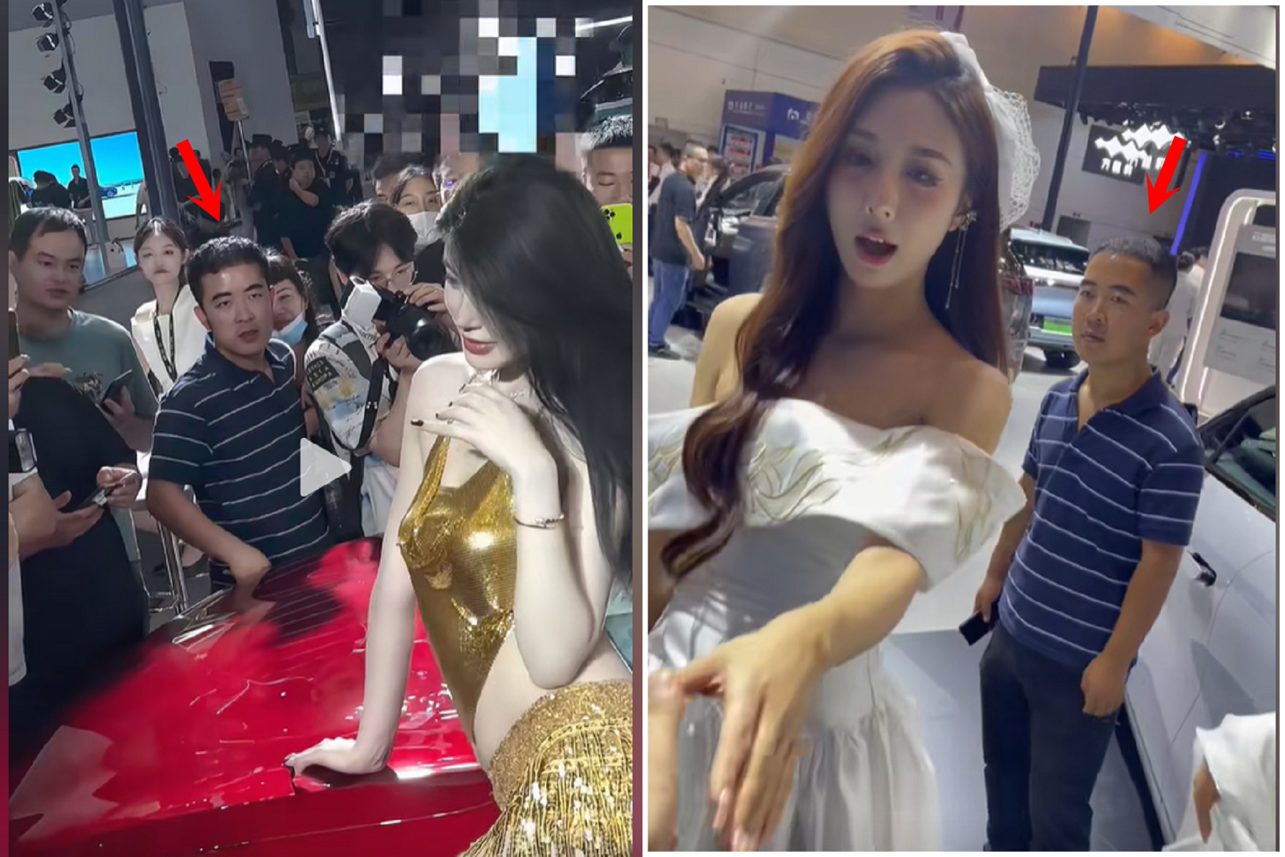 展場正妹被一堆色色男包圍，這老司機卻爆紅！網讚「眼神超誠實」。（翻自抖音）