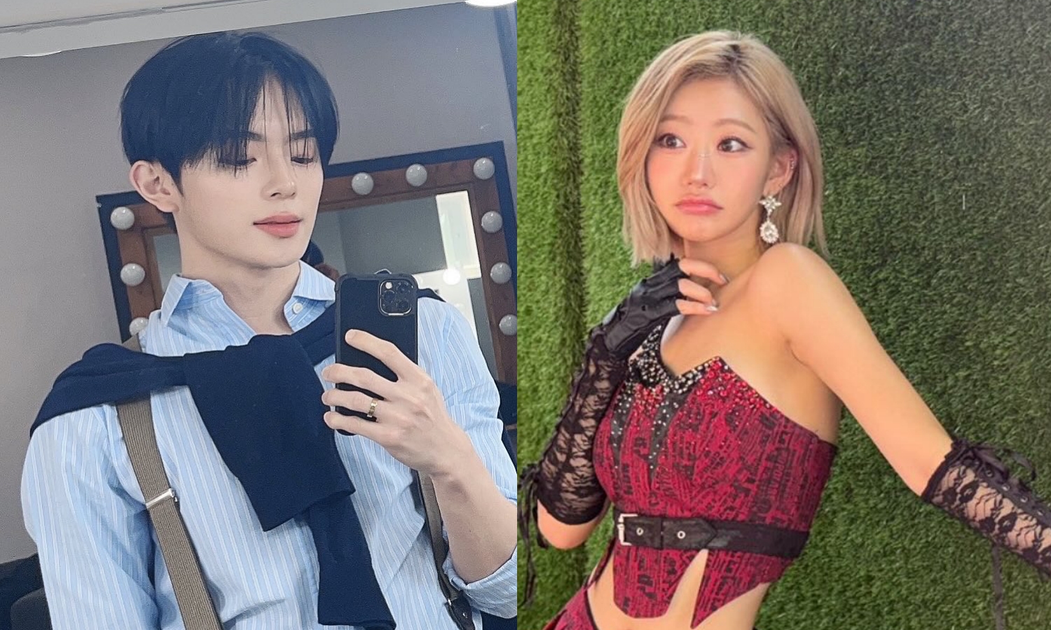 韓女團KISS OF LIFE Julie（右）遭爆疑似與男團 VERIVERY成員岡旻（左）私會。（翻攝Julie、岡旻 INS）