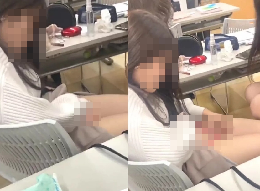 女學生坐在教室內座位上,掀開內褲直接拔陰毛。(取自minkch網站)
