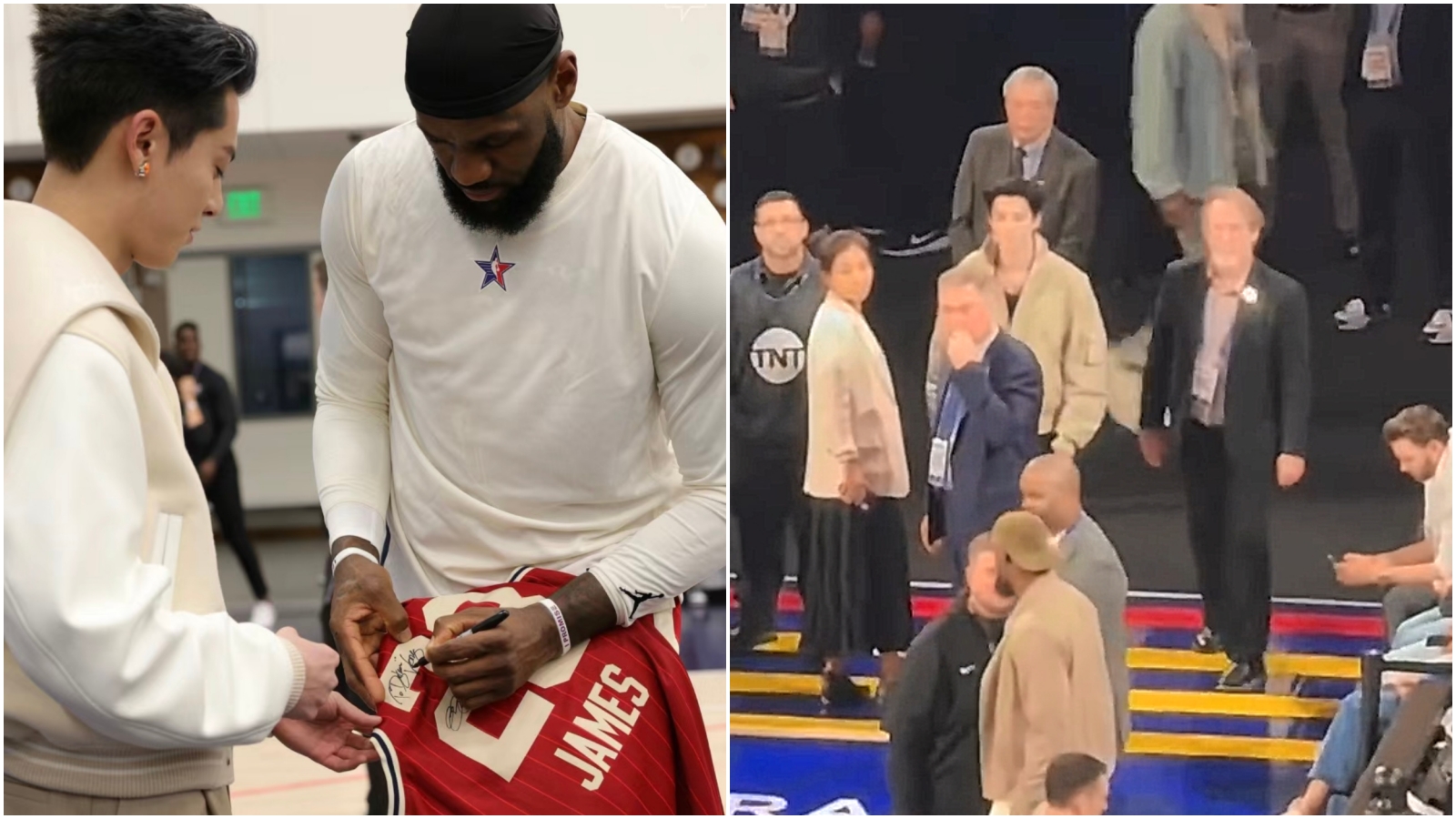王鶴棣（右圖）想與詹姆斯合照，但遭保全擋住。（翻攝微博）