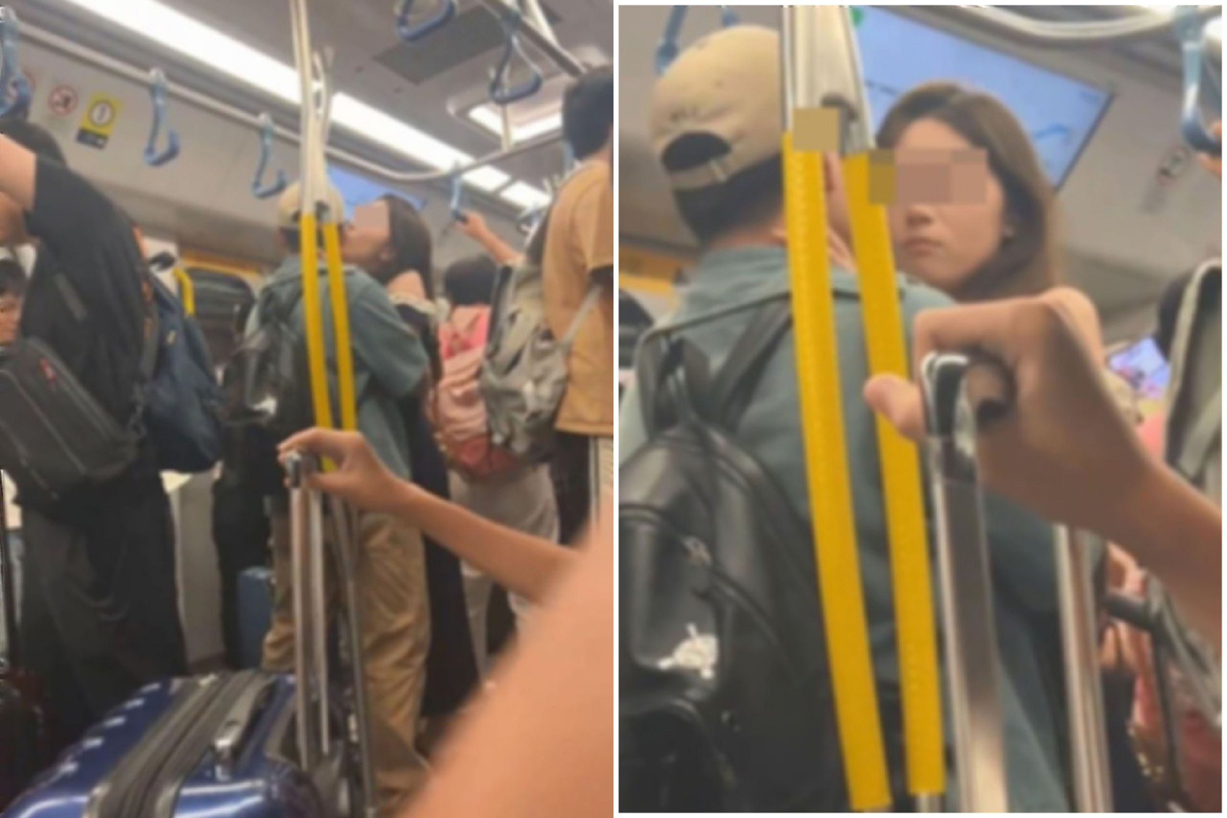 情侶在地鐵車廂內忘我熱吻，網友抓狂高呼「羨慕他擁正妹女友」。（翻自《香港01》）