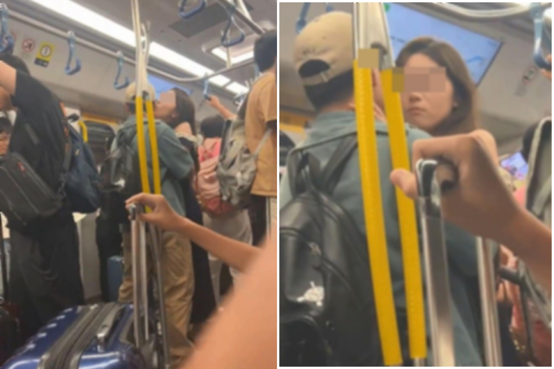 情侶在地鐵車廂內忘我熱吻，網友抓狂高呼「羨慕他擁正妹女友」。（翻自《香港01》）