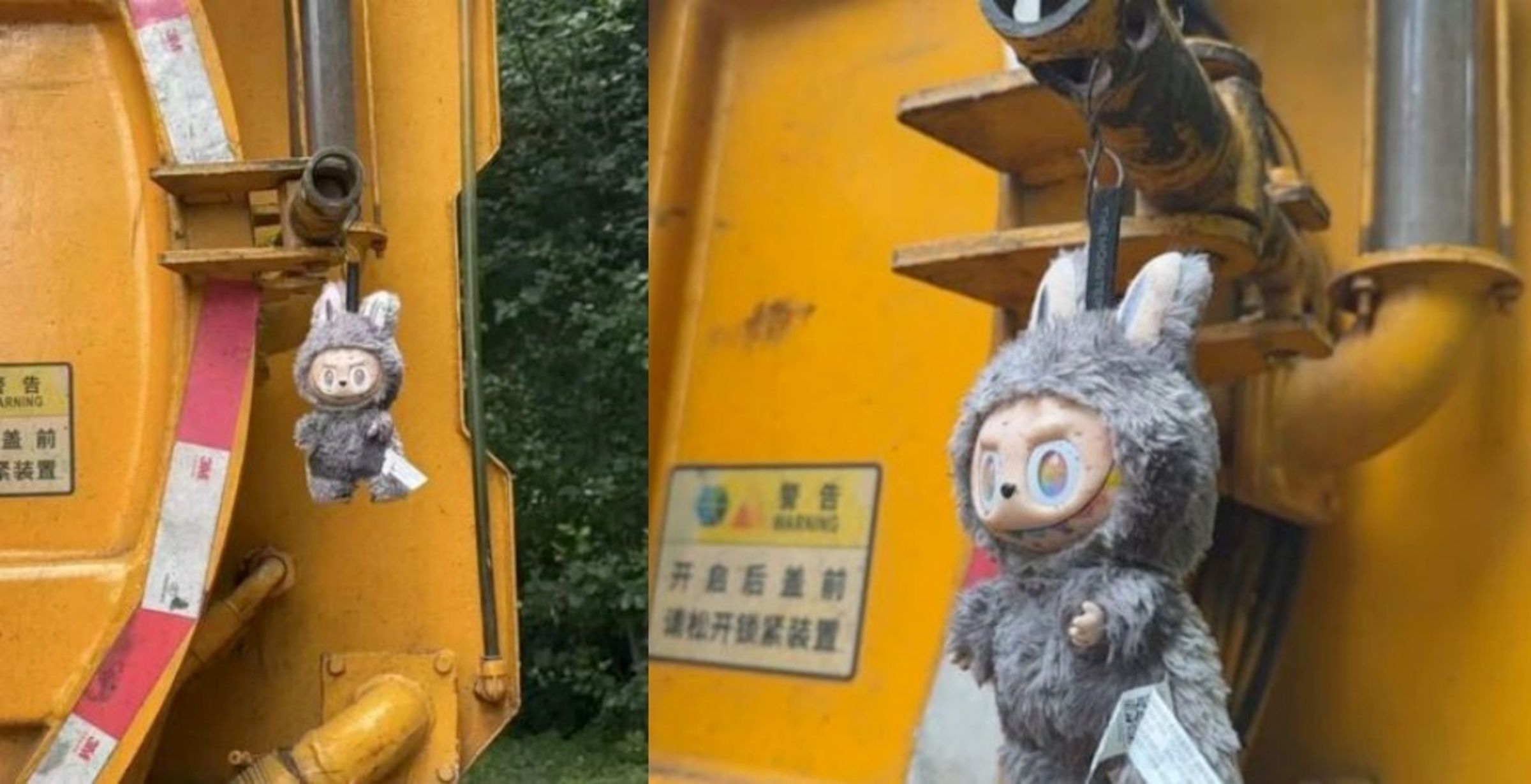 水肥車車尾吊掛Labubu畫面曝光，網友驚呼「竟然是隱藏款」。（翻攝自抖音）