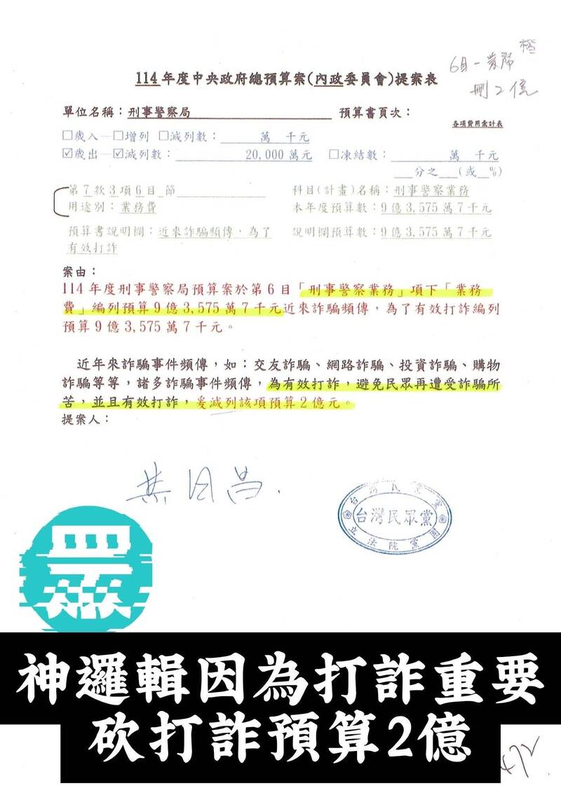 黃國昌提案刪打詐經費，引發外界關注。（民進黨立院黨團提供）