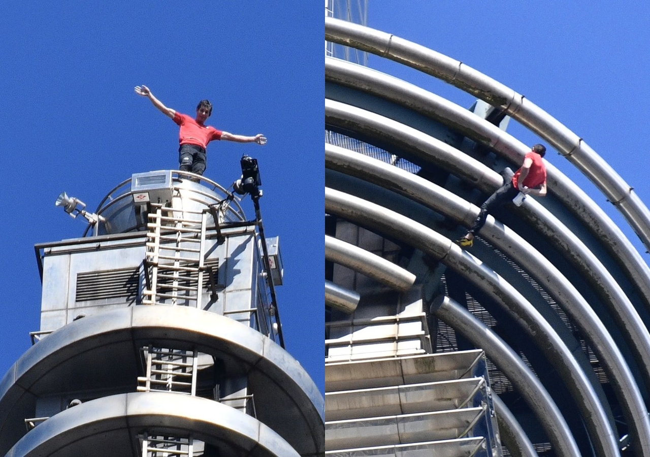 霍諾德挑戰徒手攀登台北101成功，過程中他一度雙手懸空（右圖），只靠著雙腳支撐。（鏡報提供）