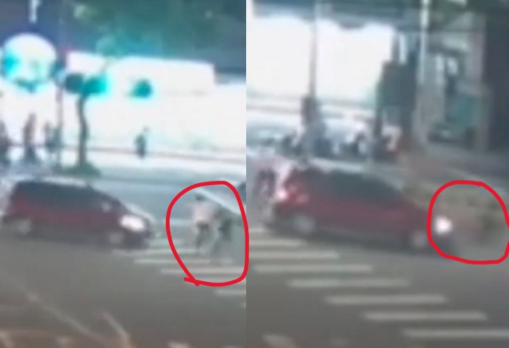 2名行人走在斑馬線上，一台轎車切西瓜式轉彎撞飛其中一人。（翻攝自YT @WoWtchout-地圖型行車影像分享平台）