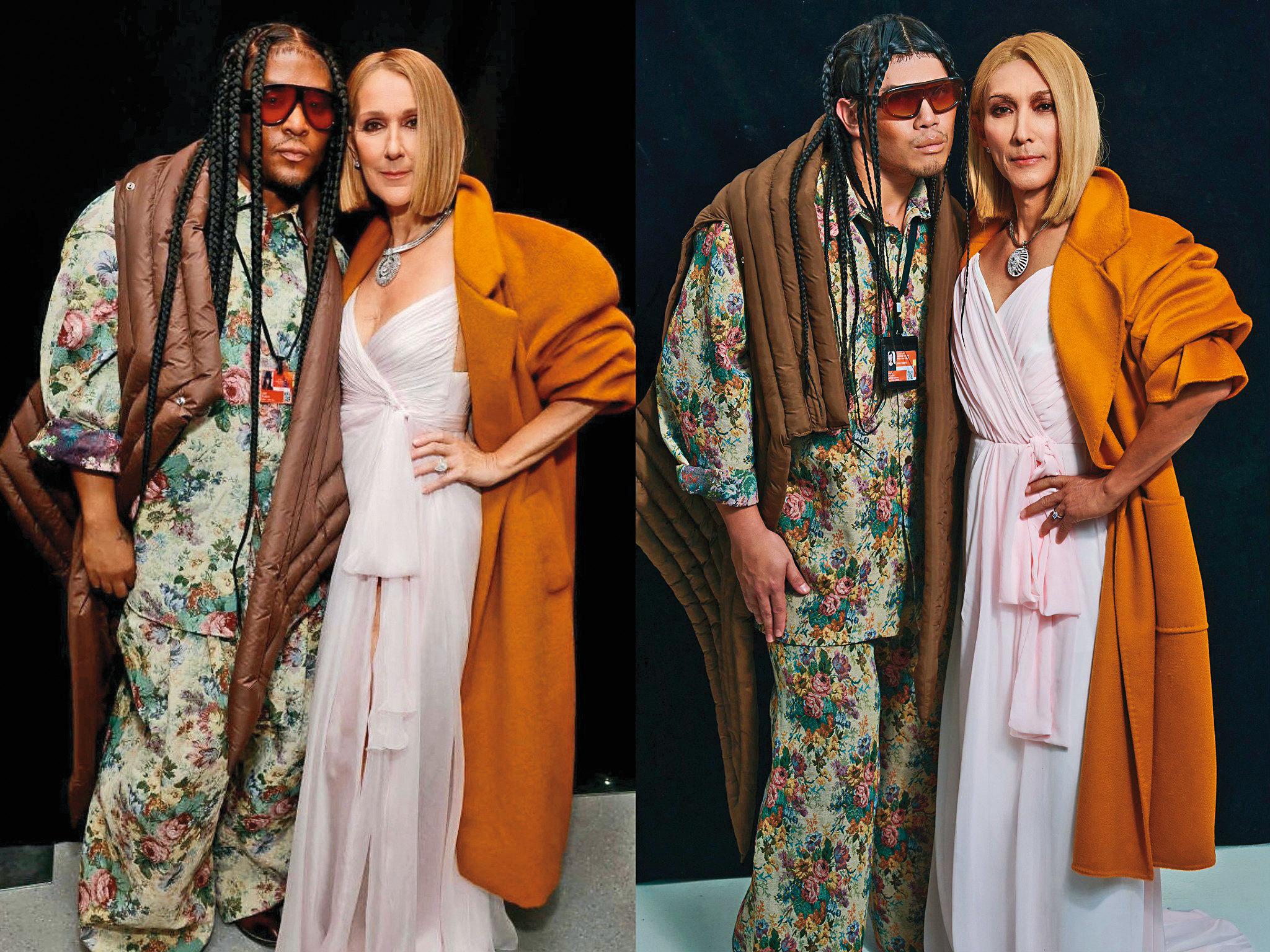 猜猜看正版席琳狄翁（右）和設計師Law Roach（左）是哪張呢？解答為左圖，右圖是潘若迪和健身網紅黃尚庭。（翻攝自潘若迪臉書）