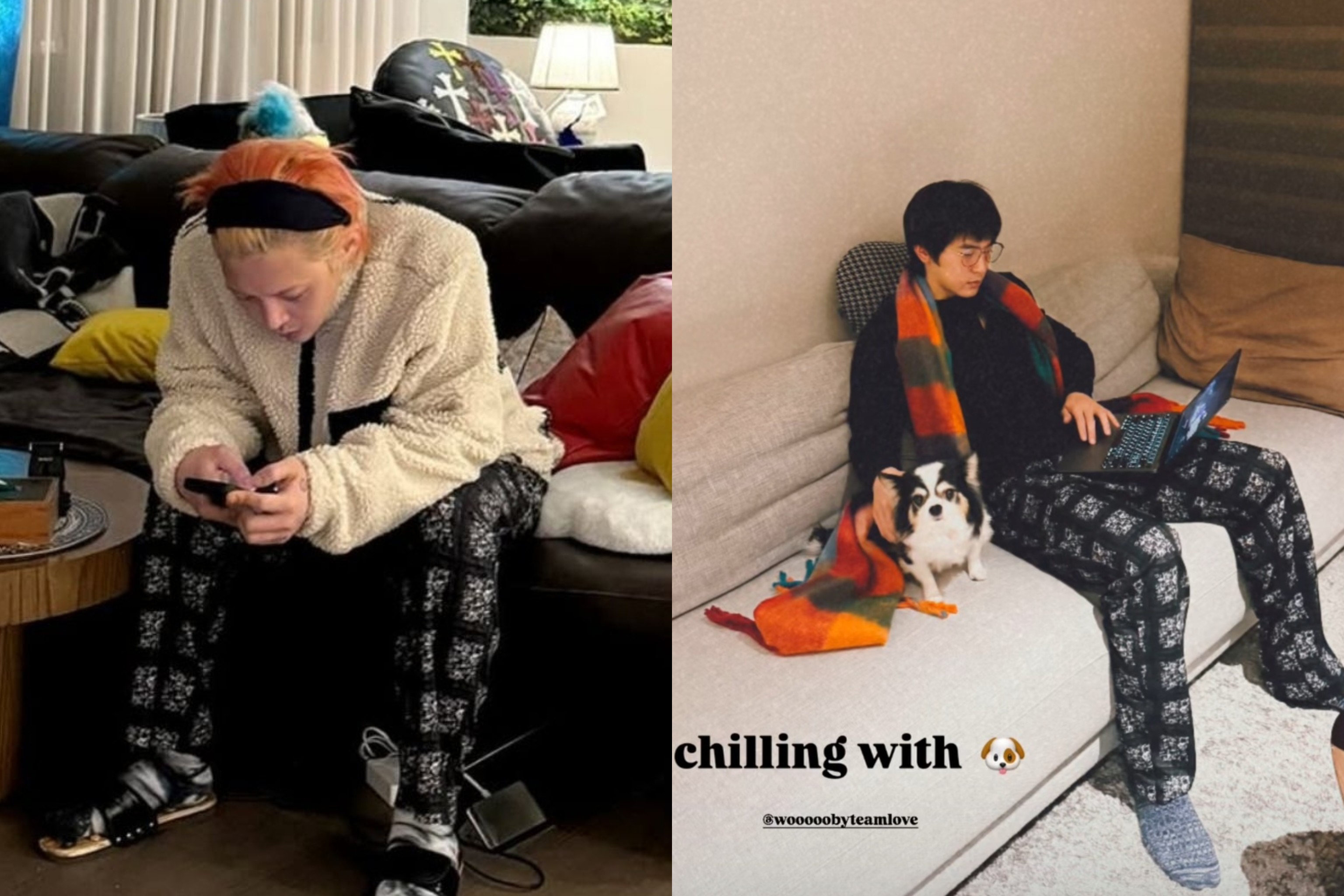 韓國偶像明星GD權志龍與小樂吳思賢不約而同穿上台灣設計品牌APUJAN 2017年推出的印花褲。（APUJAN提供）