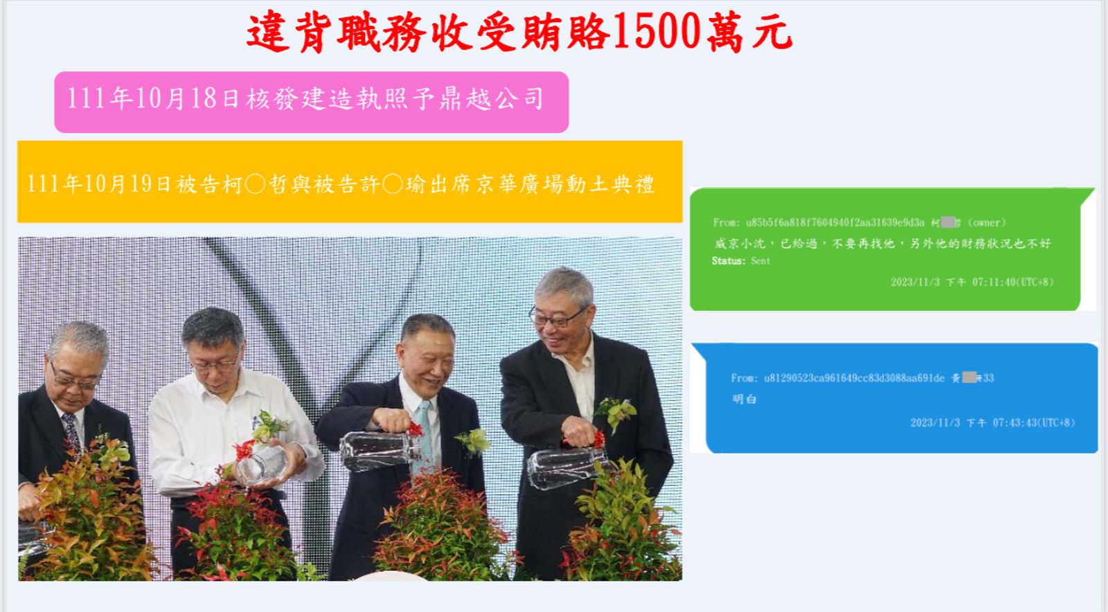 台北地檢署公布柯文哲與黃珊珊簡訊，視為收賄鐵證。（台北地檢署提供）