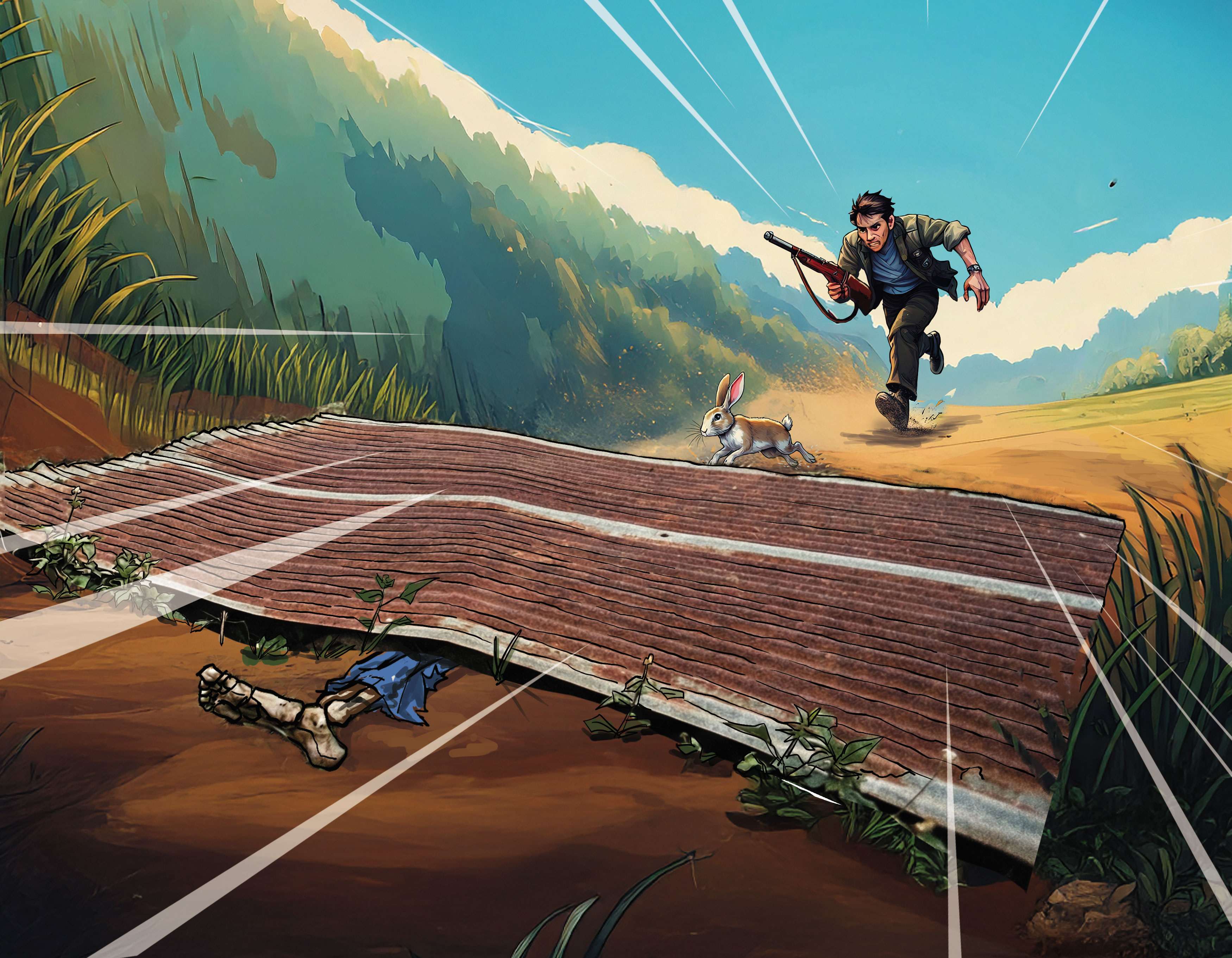 一名獵人在五指山追捕野兔時，意外發現被壓在廢棄鐵皮下的骨骸。（示意畫面，AI繪圖Adobe Firefly生成，本刊美術組後製）