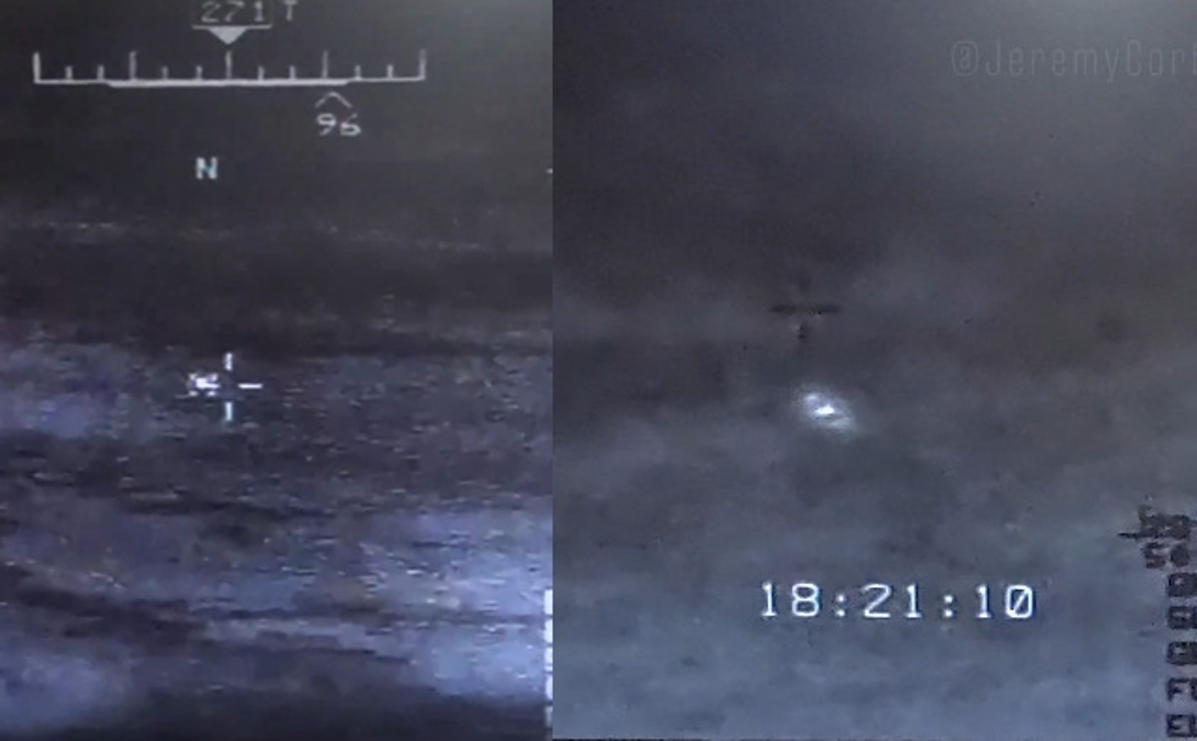 美軍無人機曾2度拍到空中神秘光球，雖然一度遭無人機武器系統鎖定，仍迅速消失。（翻攝X@JeremyCorbell）