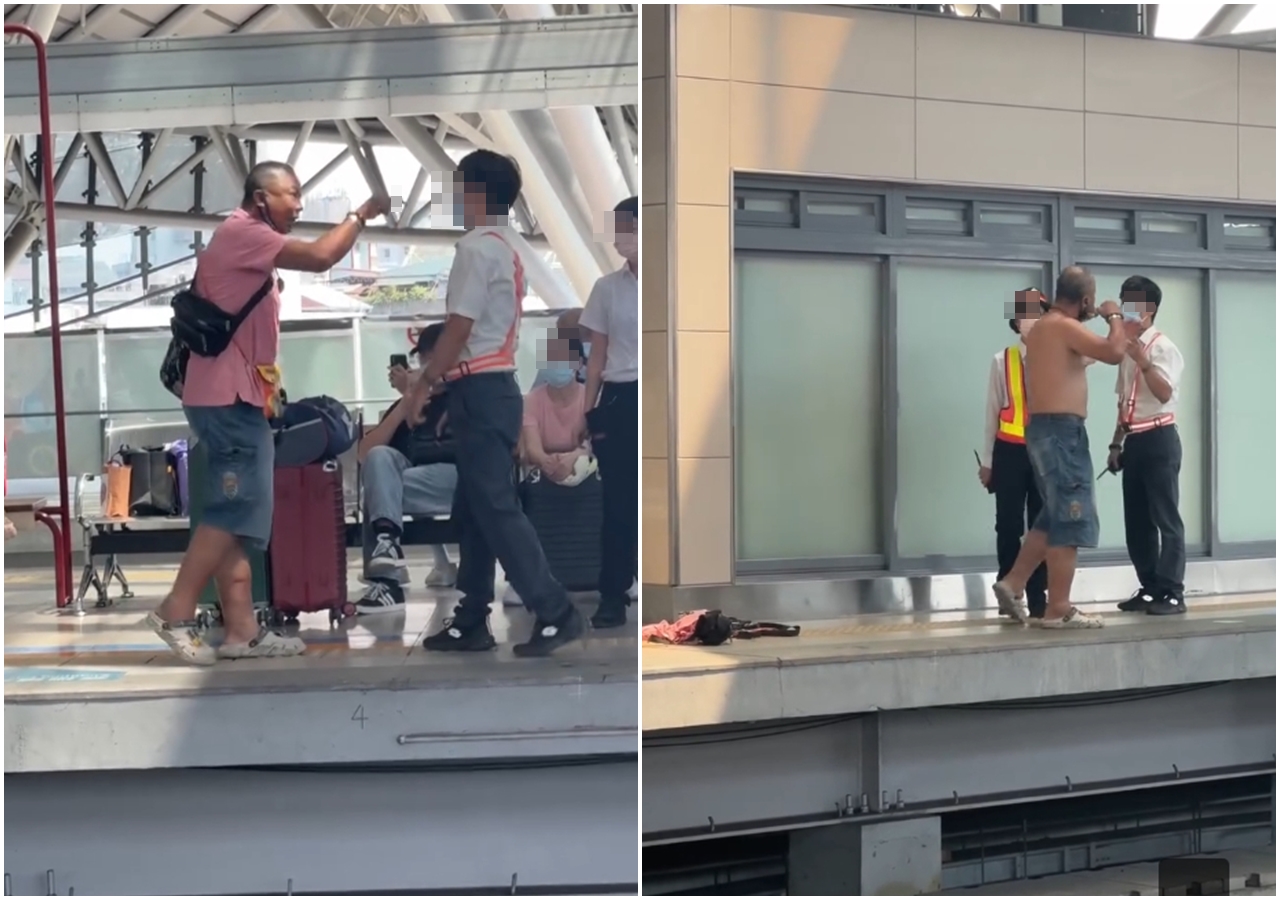 有乘客在火車月台等車時抽菸，站務人員上前勸導，卻遭到對方不斷叫囂。（翻攝自●【爆料公社】●臉書社團）