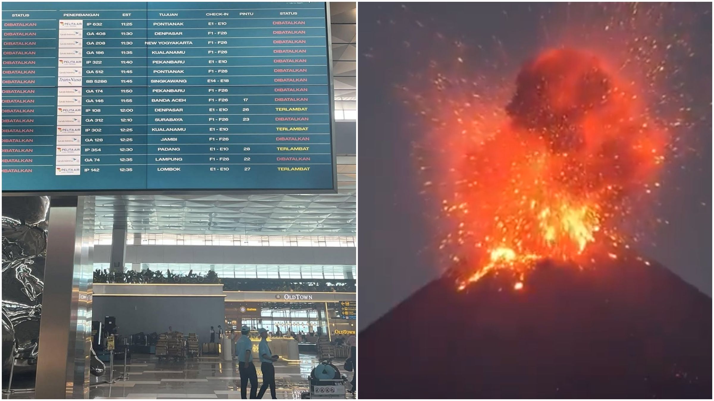 印尼喀拉喀托之子火山噴發，雅加達蘇卡諾-哈達國際機場受火山灰影響，基於飛航安全考量暫時關閉，2.2萬名旅客受到衝擊。（翻攝自X@bismillahyuk_、Xpress_24_7）