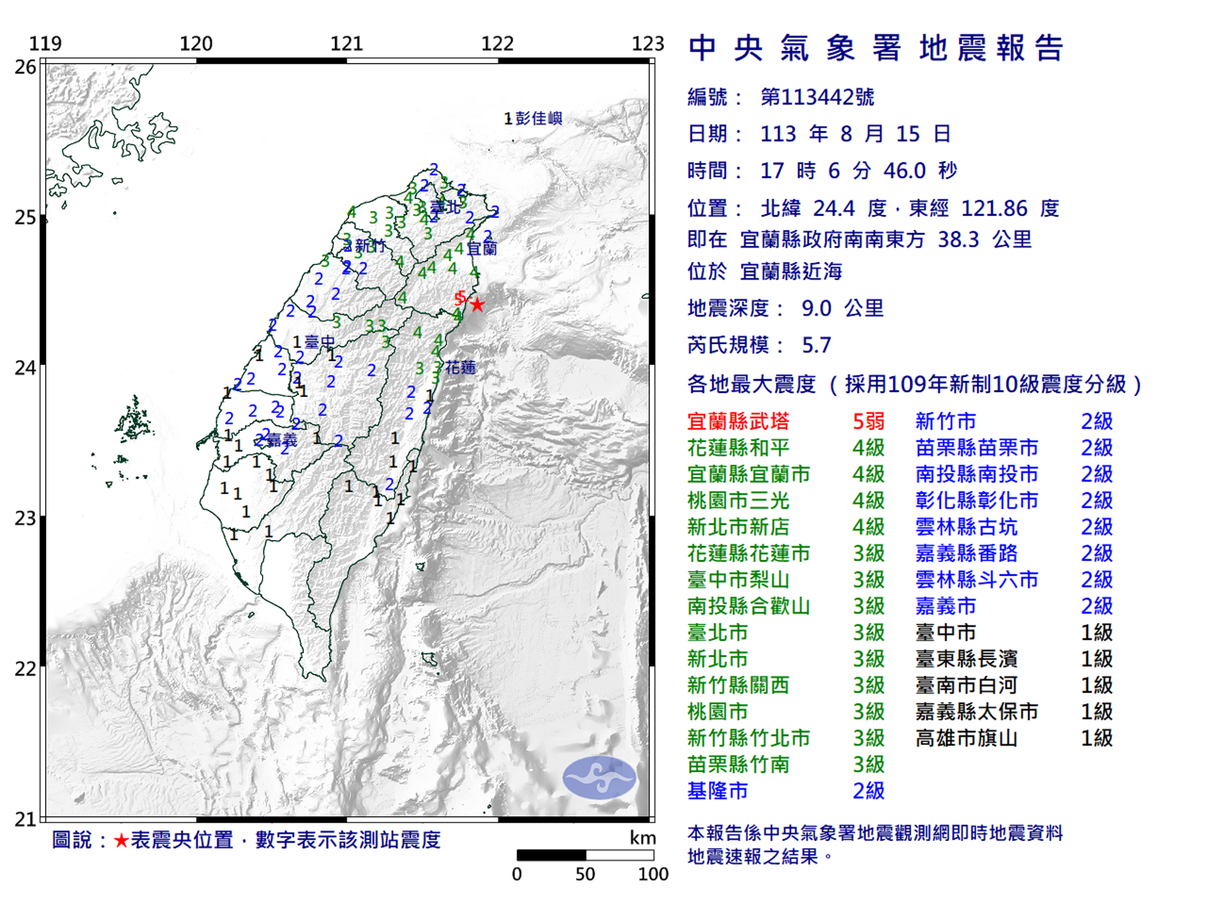 下午5點6分左右,發生芮氏規模5.7地震,雙北明顯感受到搖晃。(中央氣象署提供)