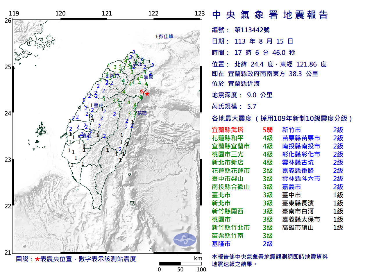 下午5點6分左右，發生芮氏規模5.7地震，雙北明顯感受到搖晃。（中央氣象署提供）