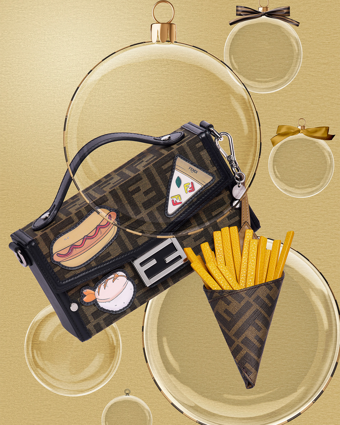 棕色FF提花Baguette Soft Trunk NT$77,500、Fendilicious 薯條造型吊飾NT$26,800。（FENDI提供）