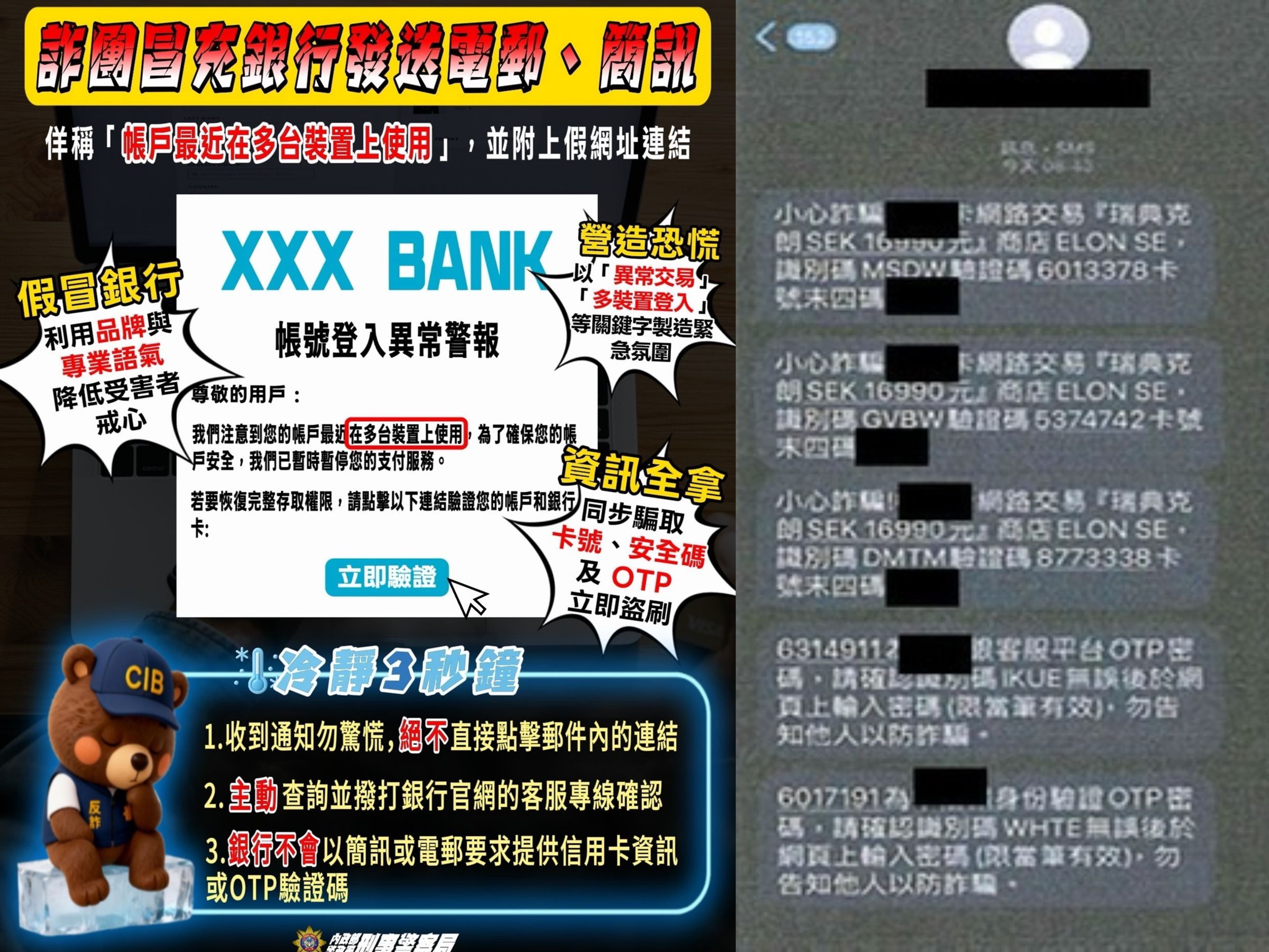 警方公布遭盜刷簡訊、警方製作的宣導圖。（刑事局提供）